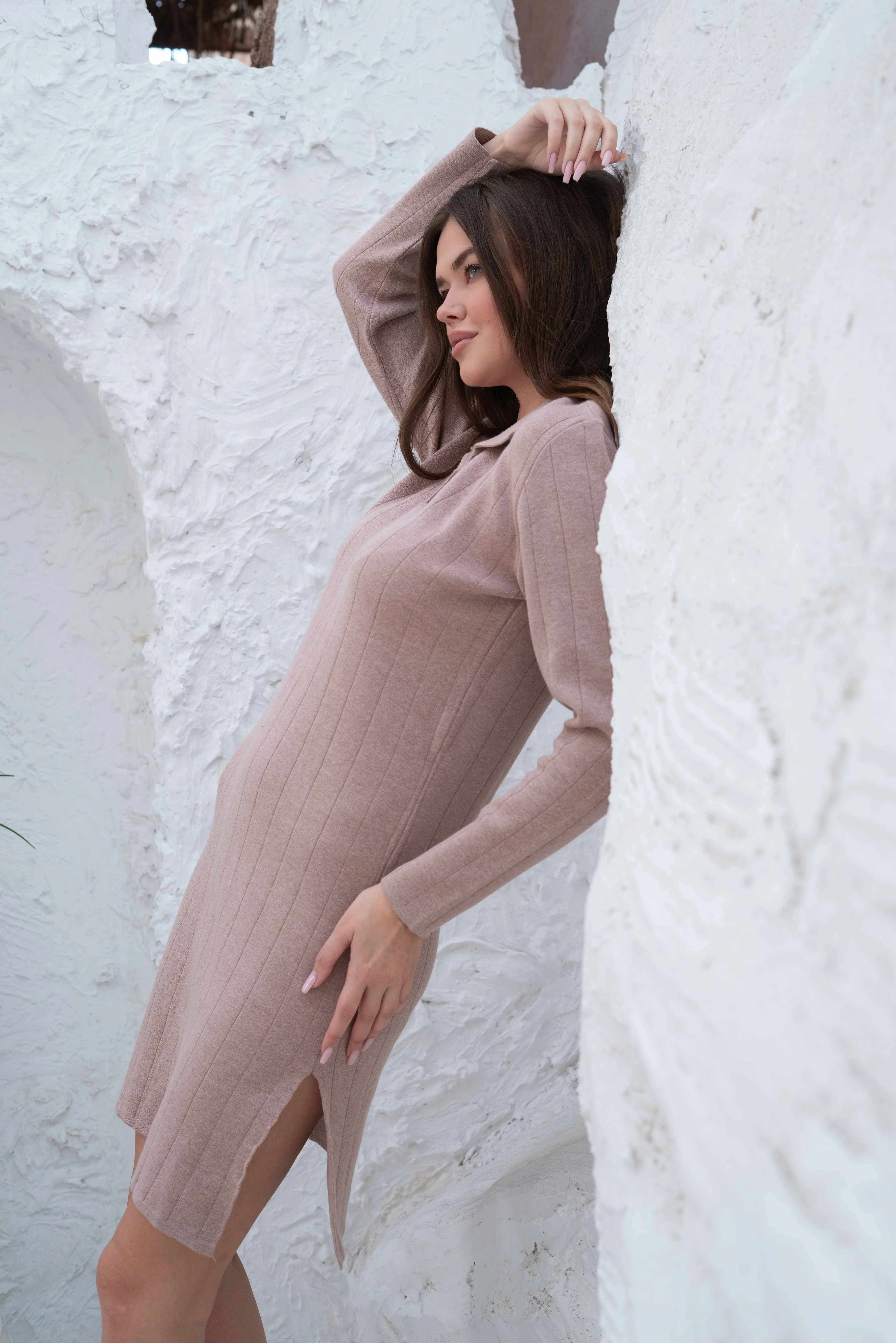 Beige Ribbed Knit Gumus Dress with Side Slits - Image 4