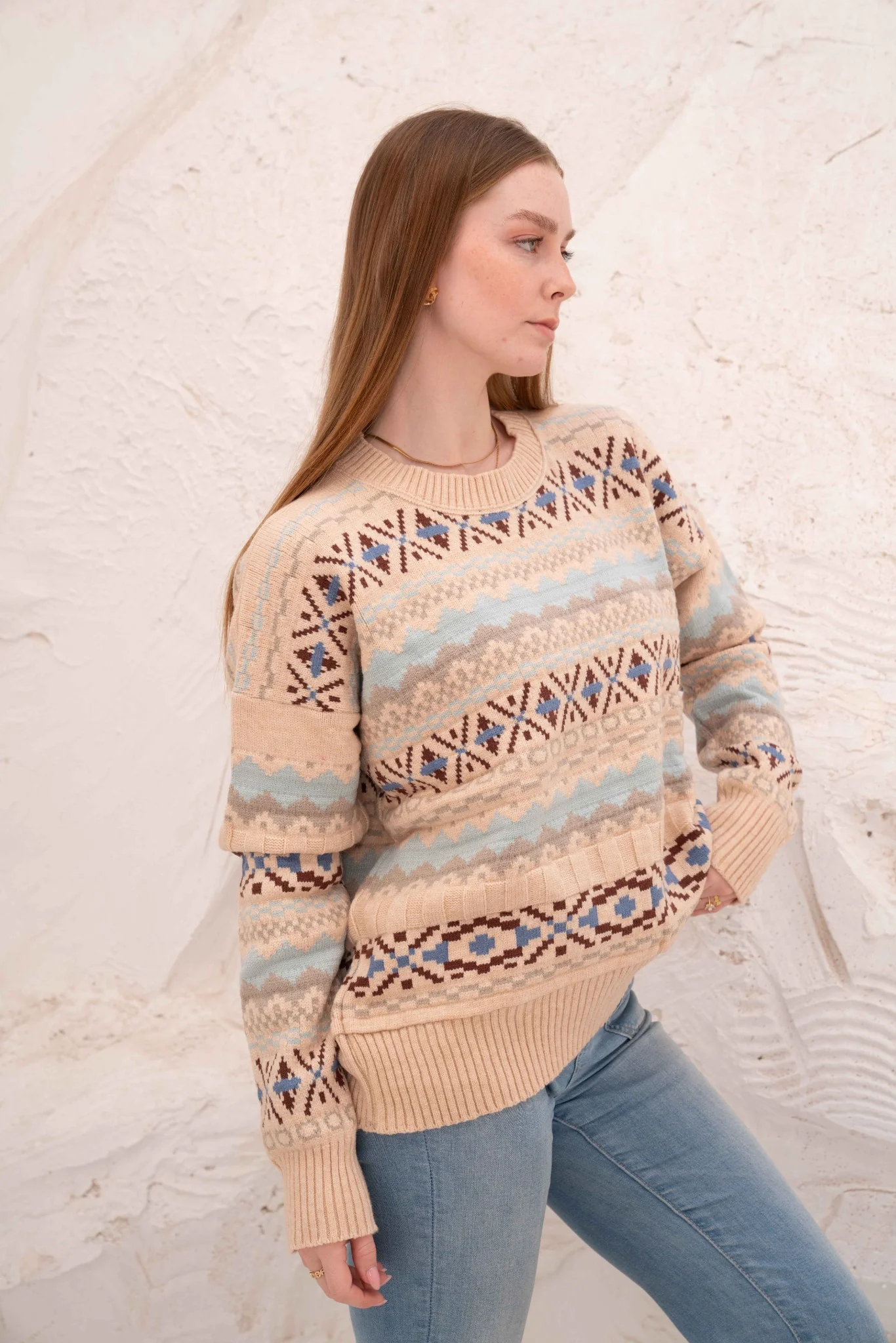Beige Women’s Patterned Knit Pullover - Image 3
