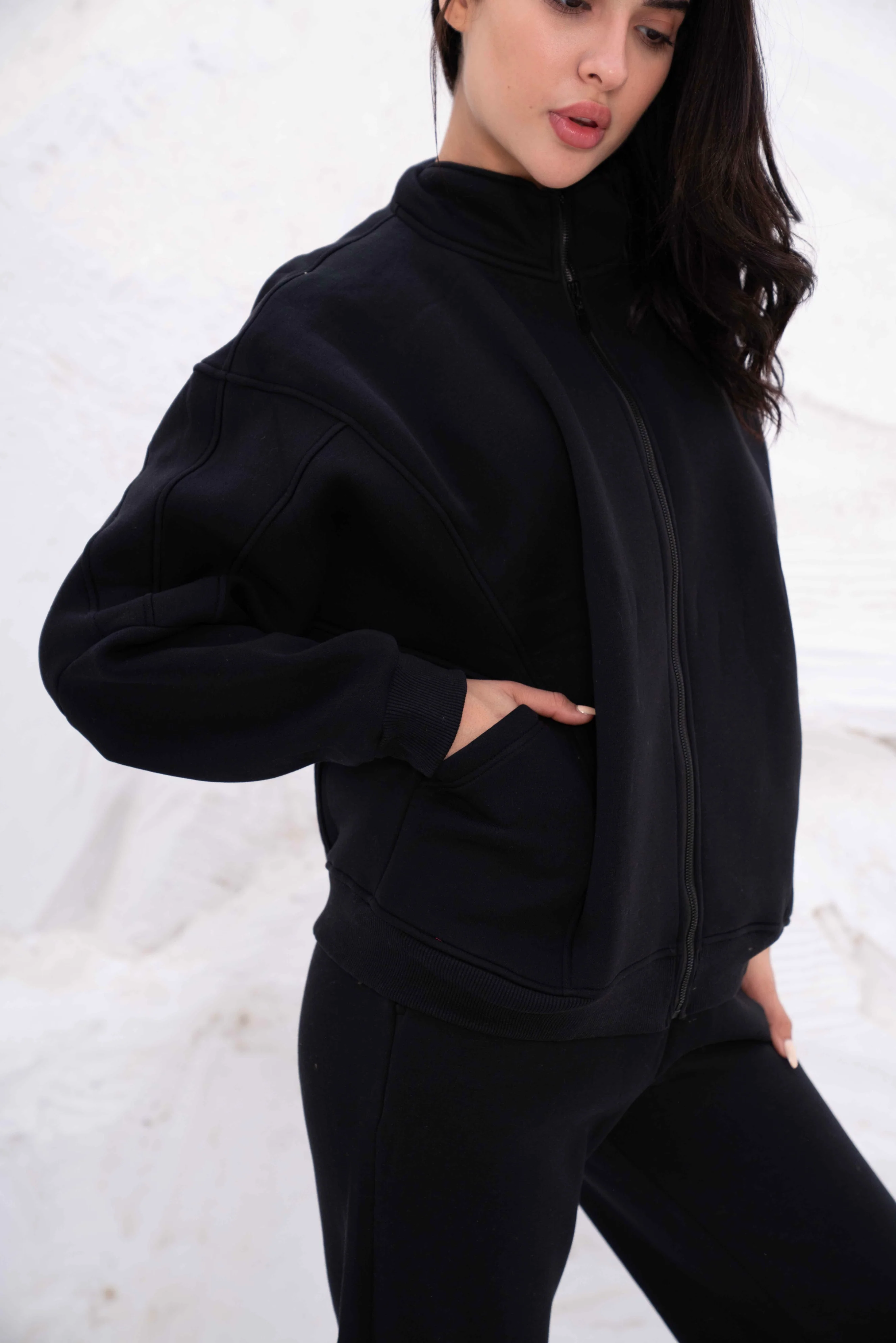 Black Relaxed Fit Tracksuit with High Collar - Image 6