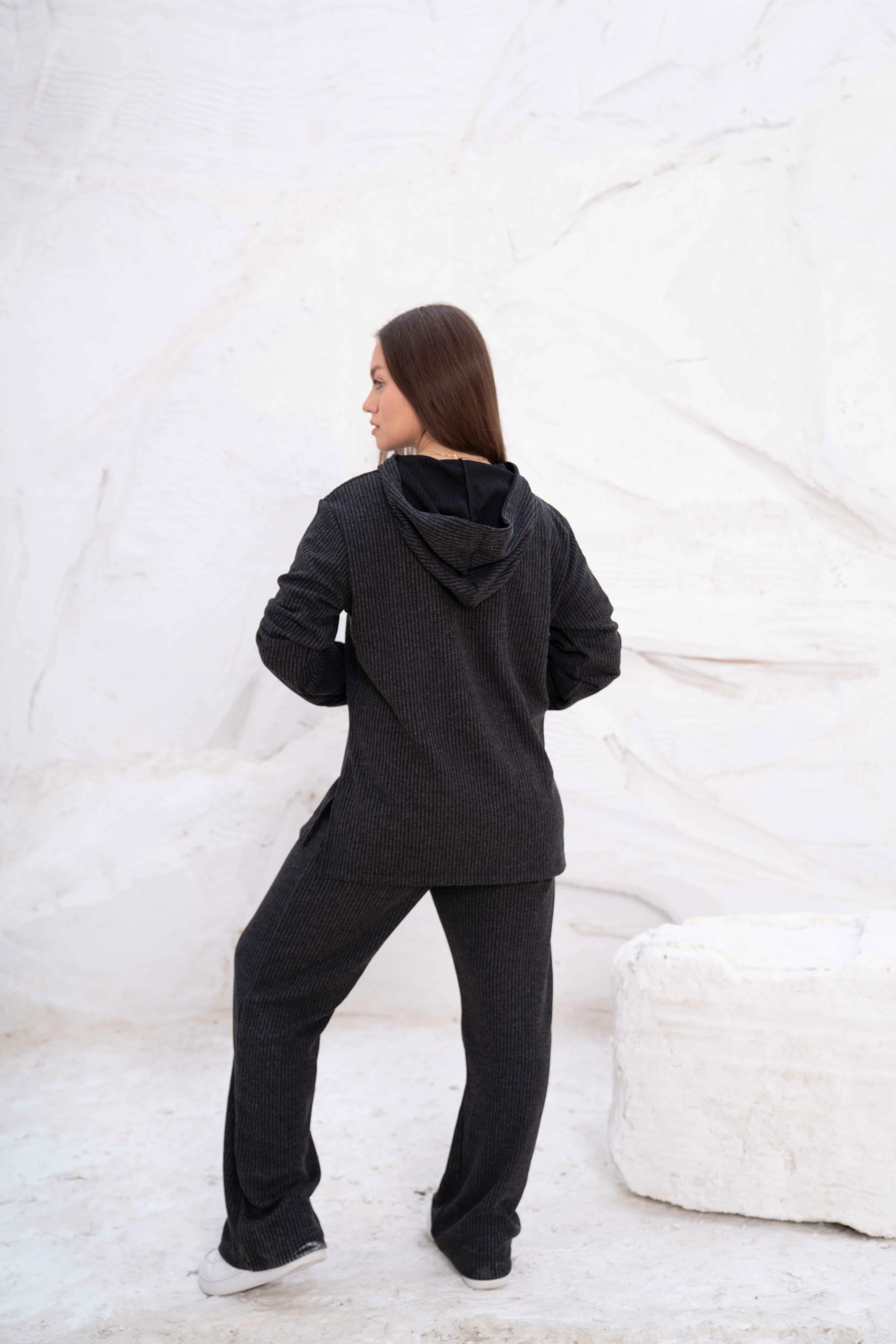 Black Rib Hooded Lounge Set - Image 3