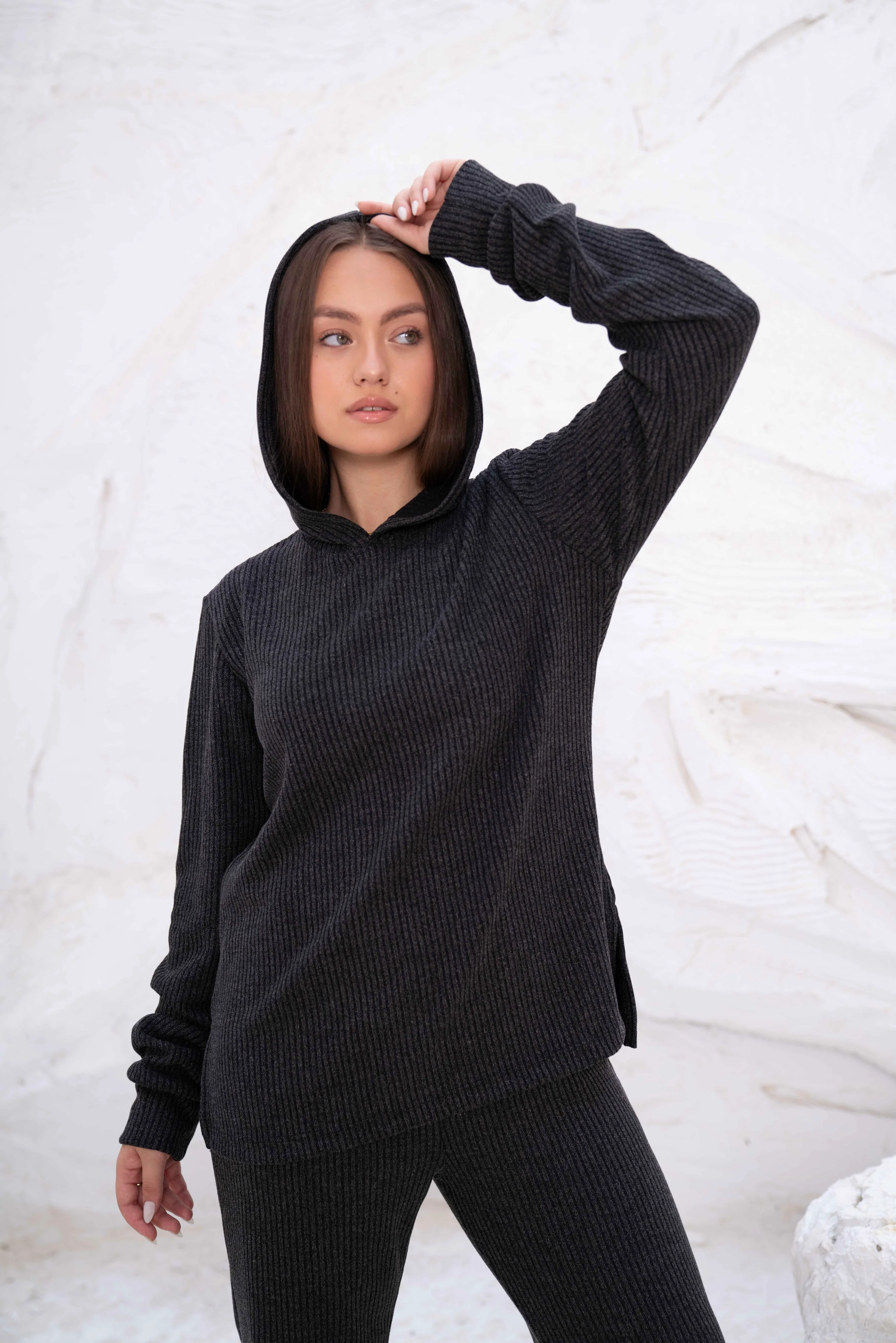 Black Rib Hooded Lounge Set - Image 4