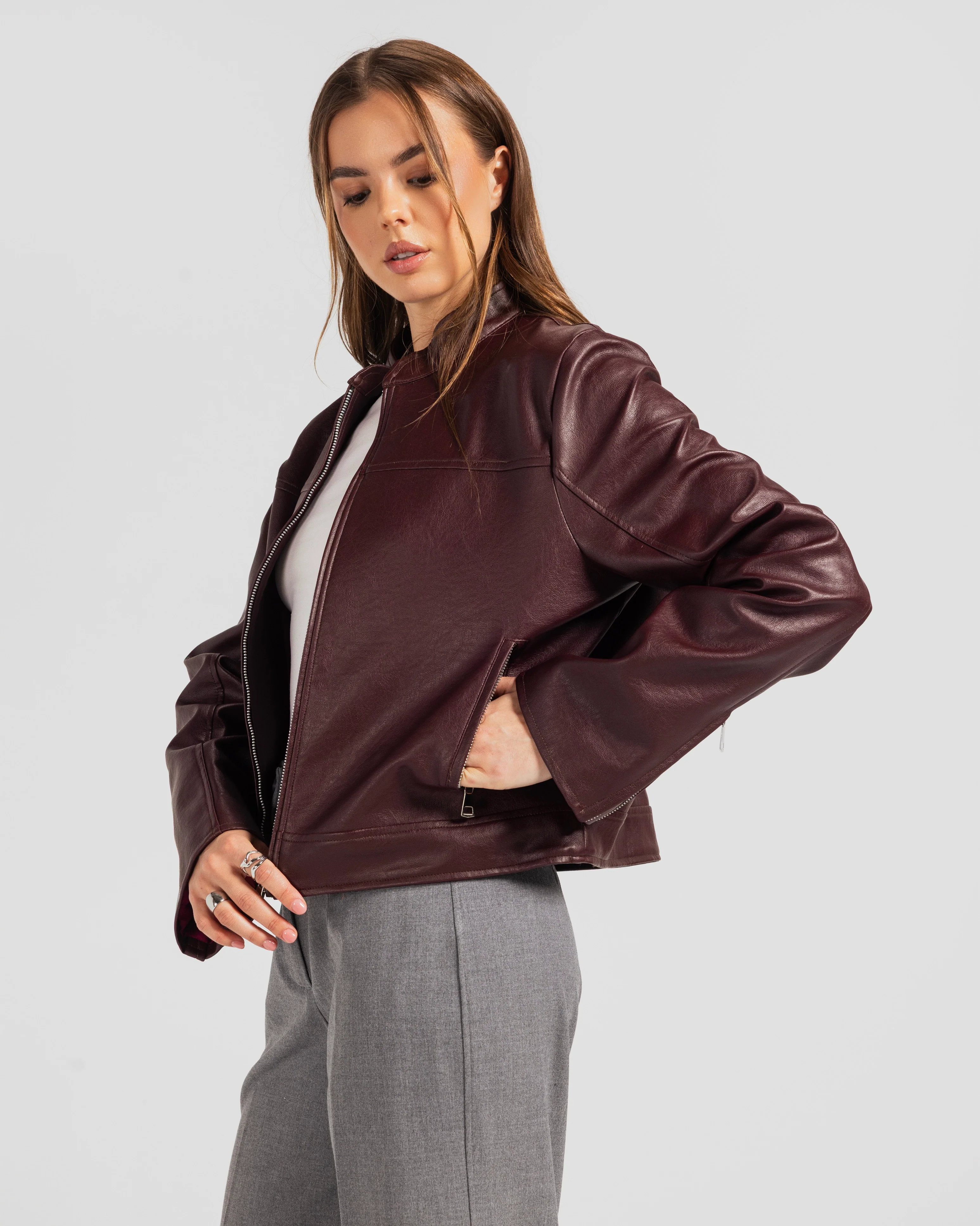 Cropped Leather Zip Jacket - Image 3