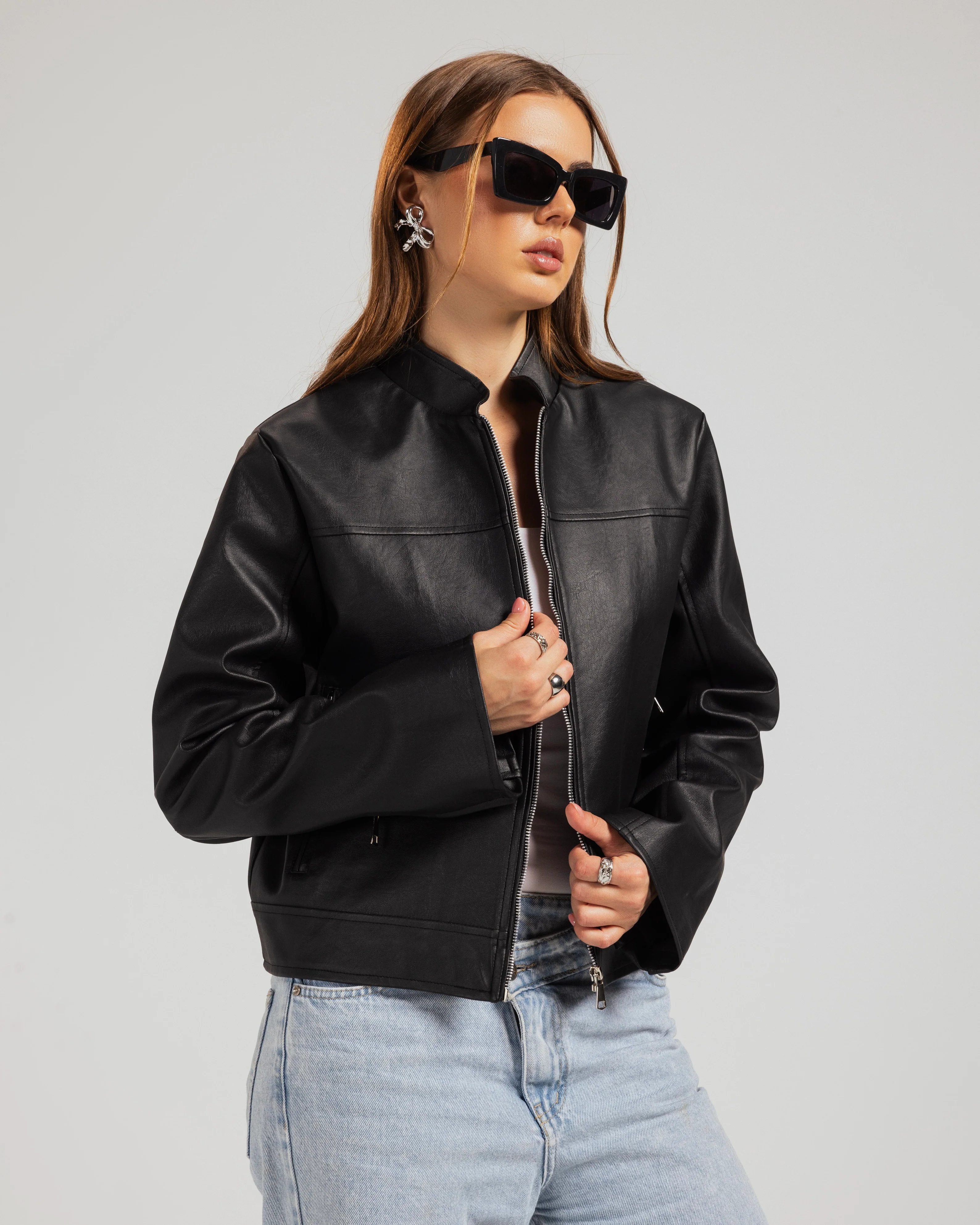 Cropped Leather Zip Jacket - Image 4