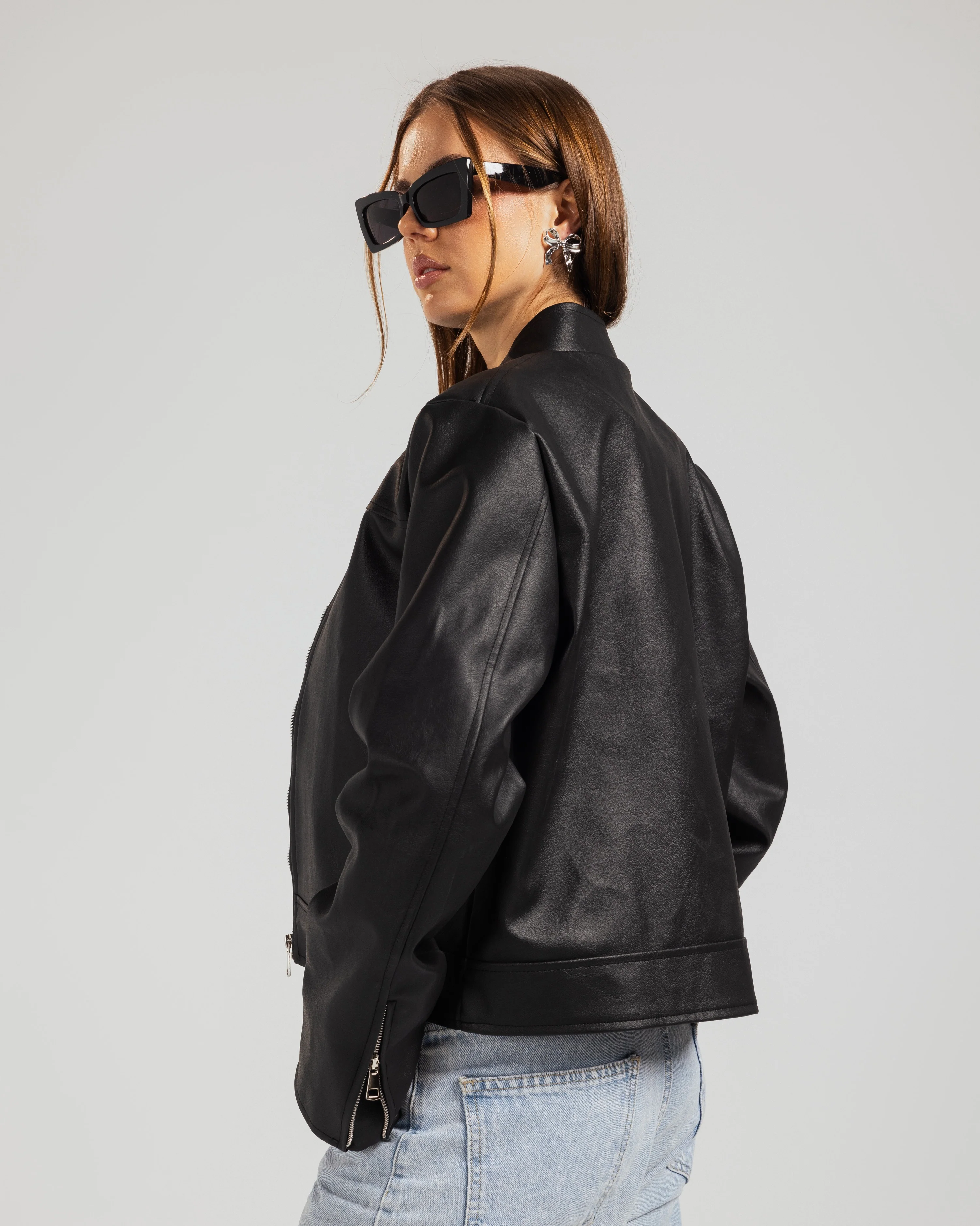 Cropped Leather Zip Jacket - Image 6
