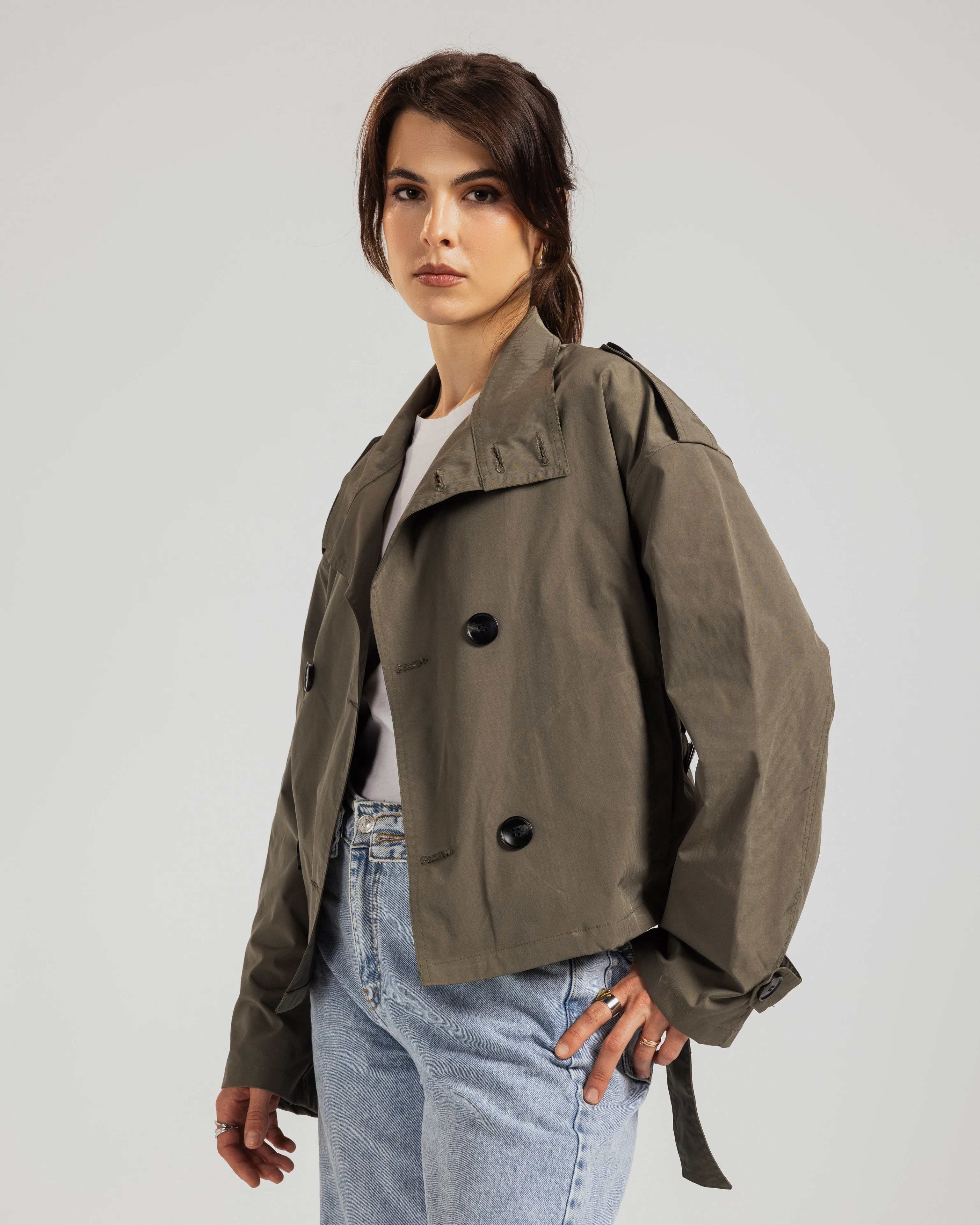 Cropped Military Trench Jacket - Image 5