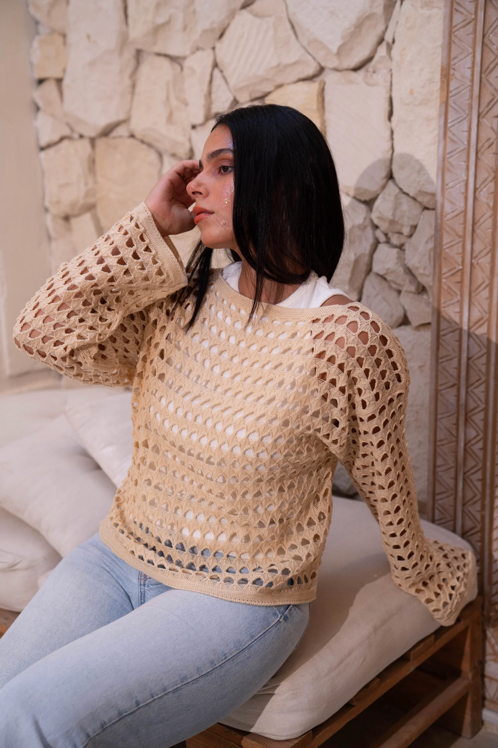 Gumus Beige Mesh Blouse - Image 6