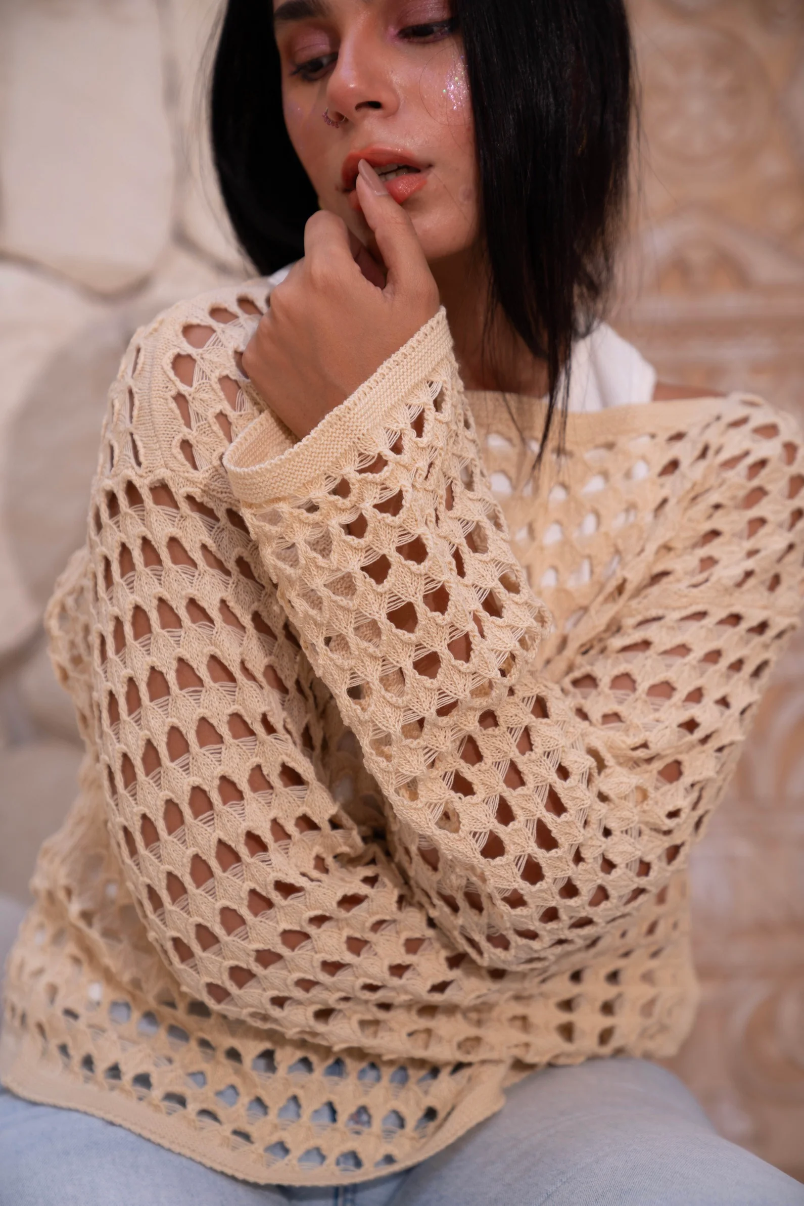 Gumus Beige Mesh Blouse - Image 8
