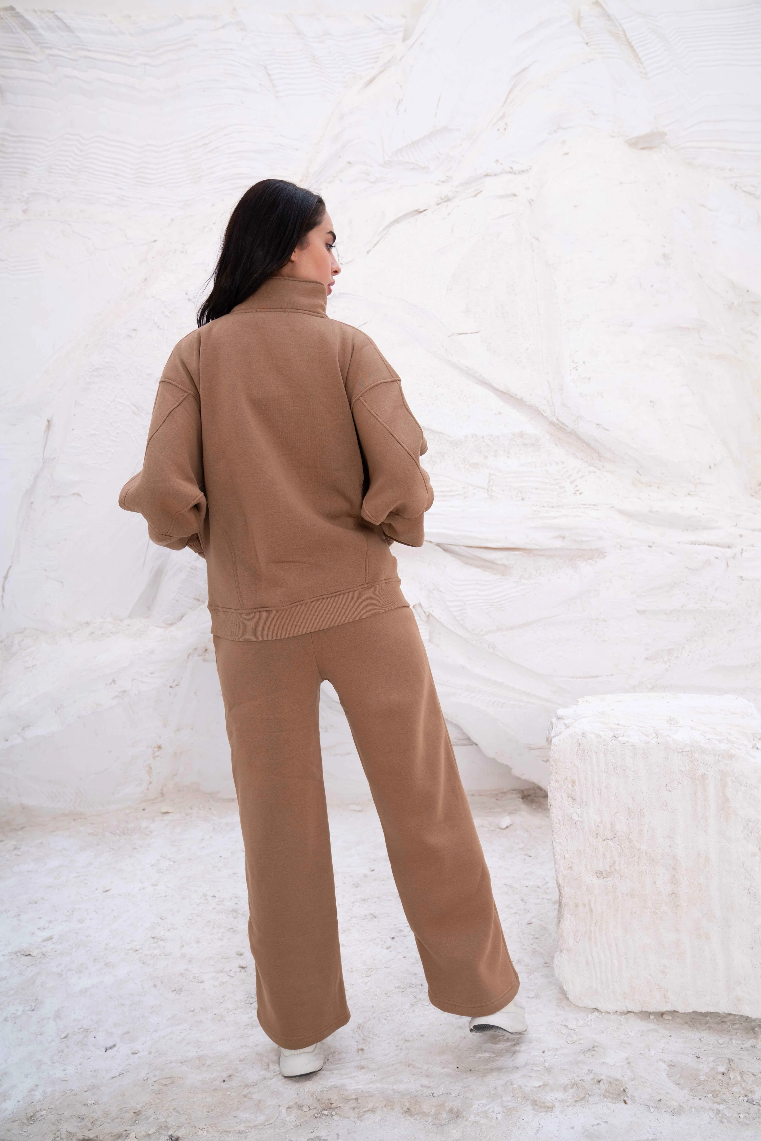 Beige Relaxed Fit Tracksuit with High Collar - Image 3