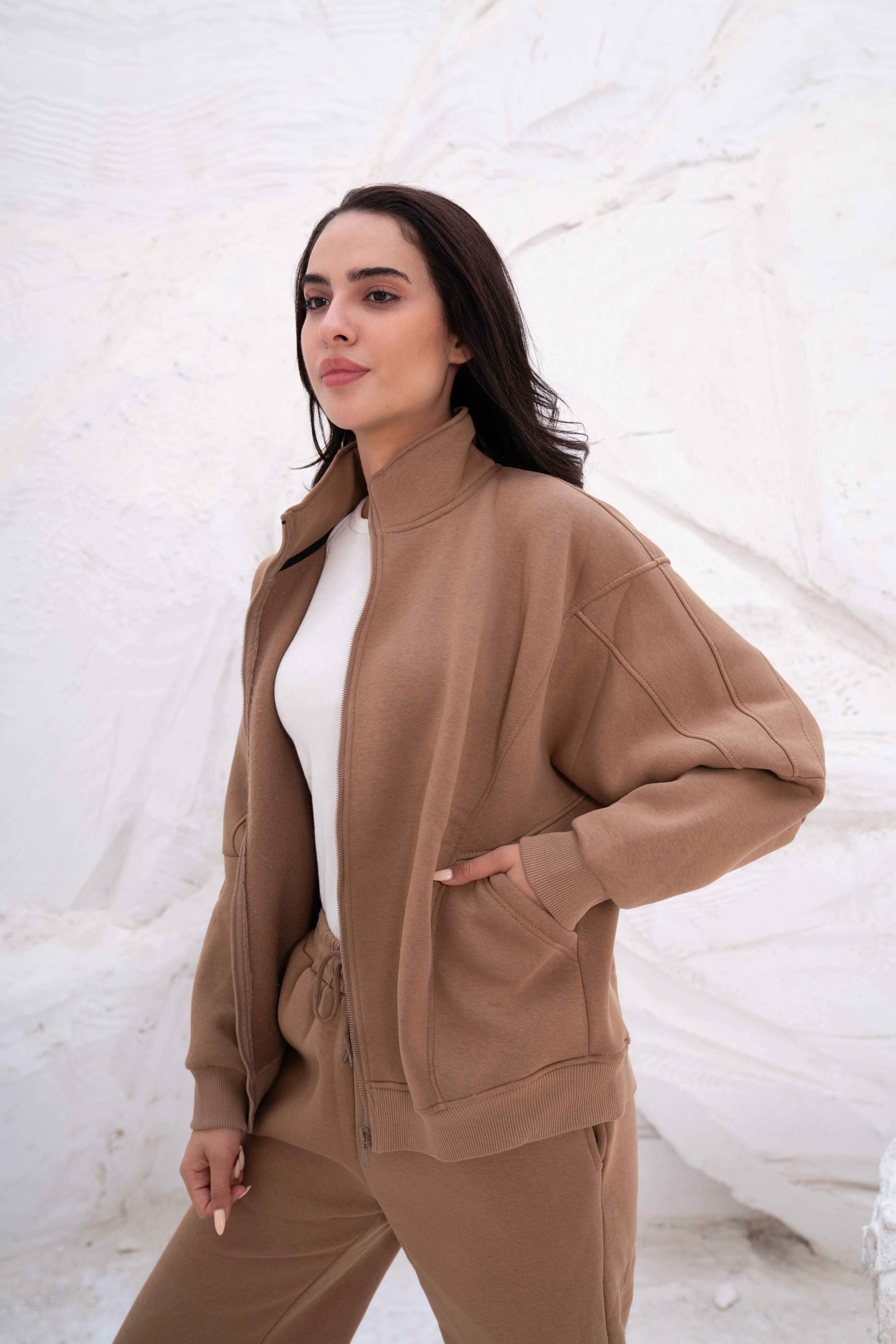 Beige Relaxed Fit Tracksuit with High Collar - Image 4