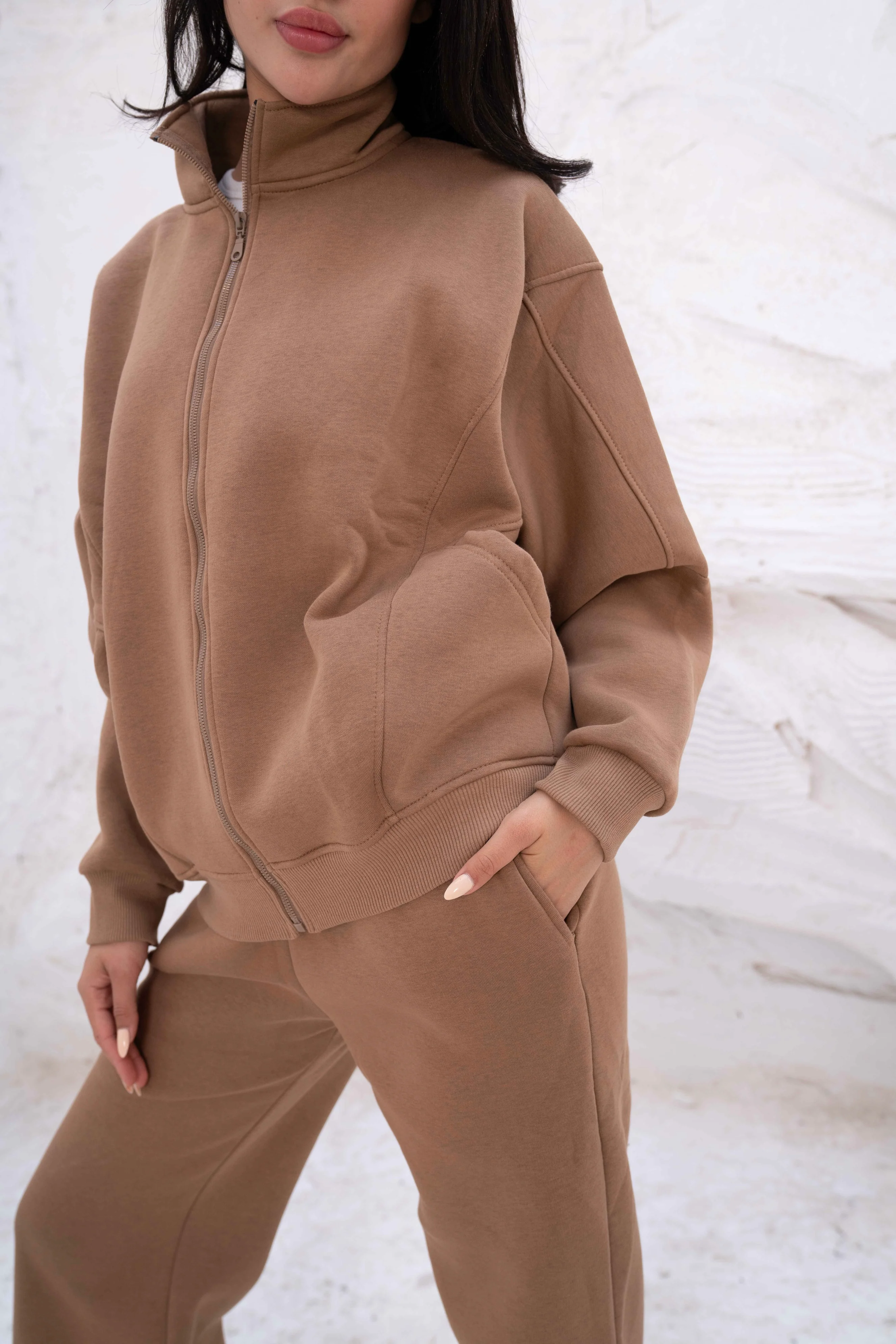 Beige Relaxed Fit Tracksuit with High Collar - Image 5