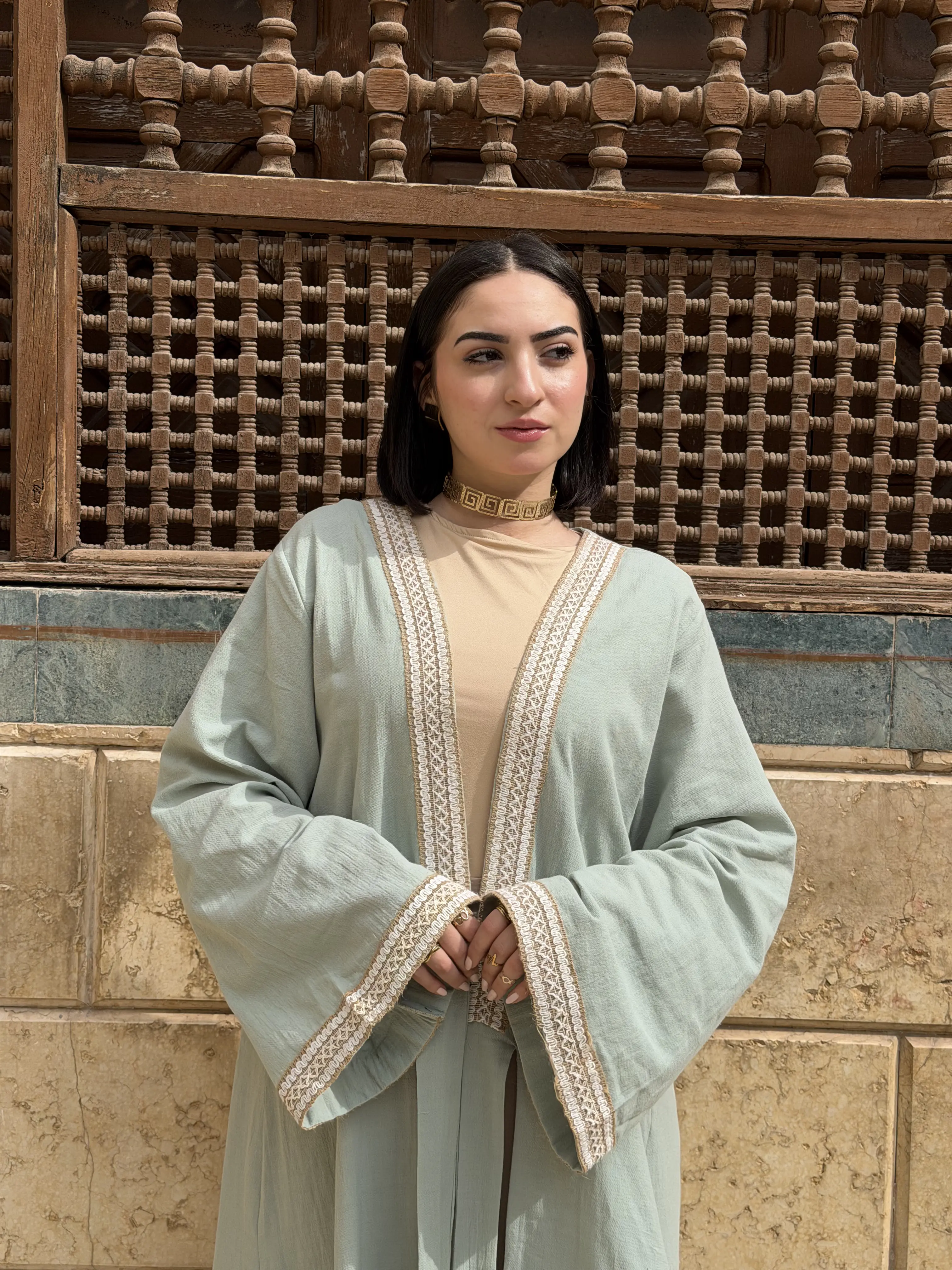 Mint Embroidered Open Abaya Kimono – Ramadan - Image 3