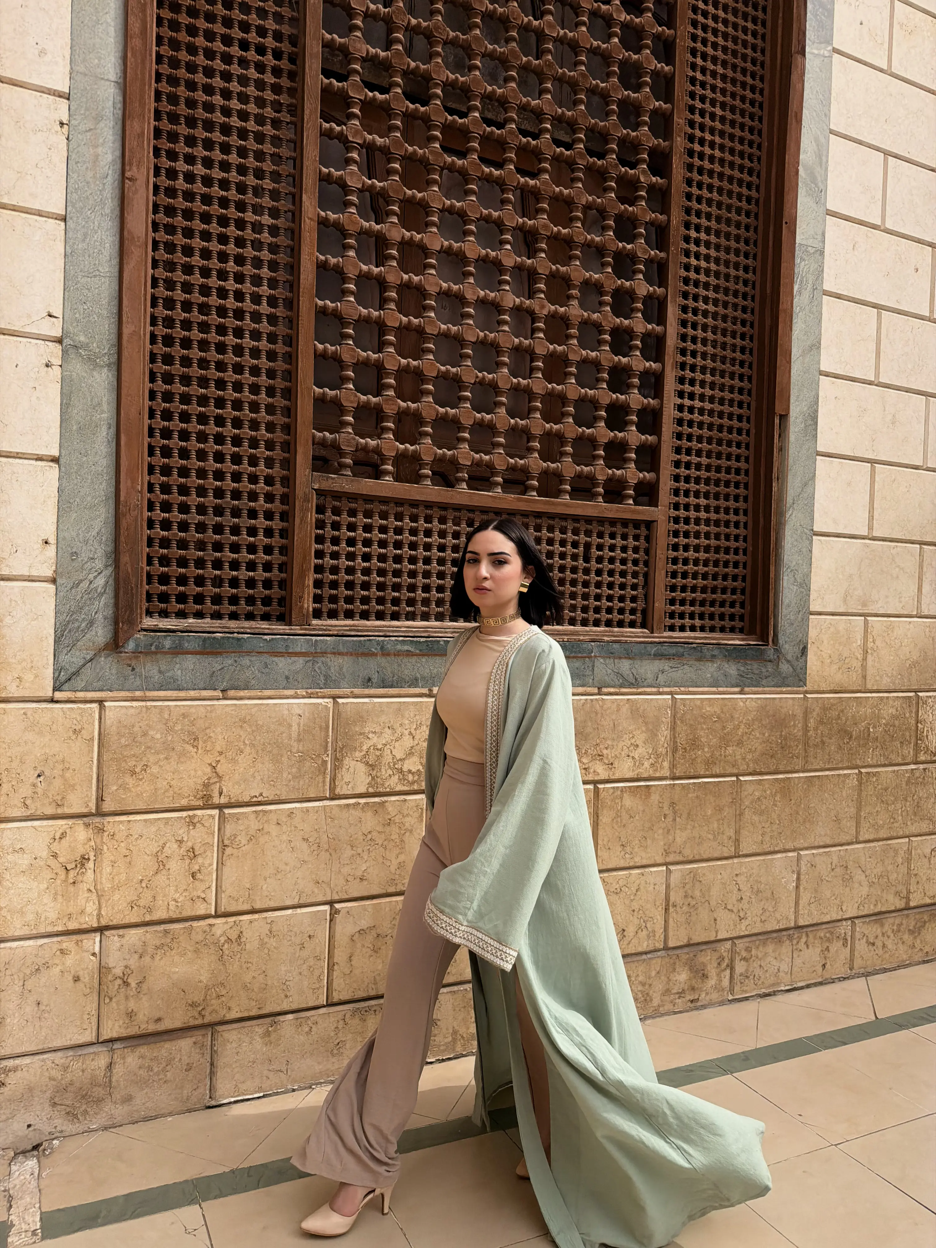 Mint Embroidered Open Abaya Kimono – Ramadan - Image 4