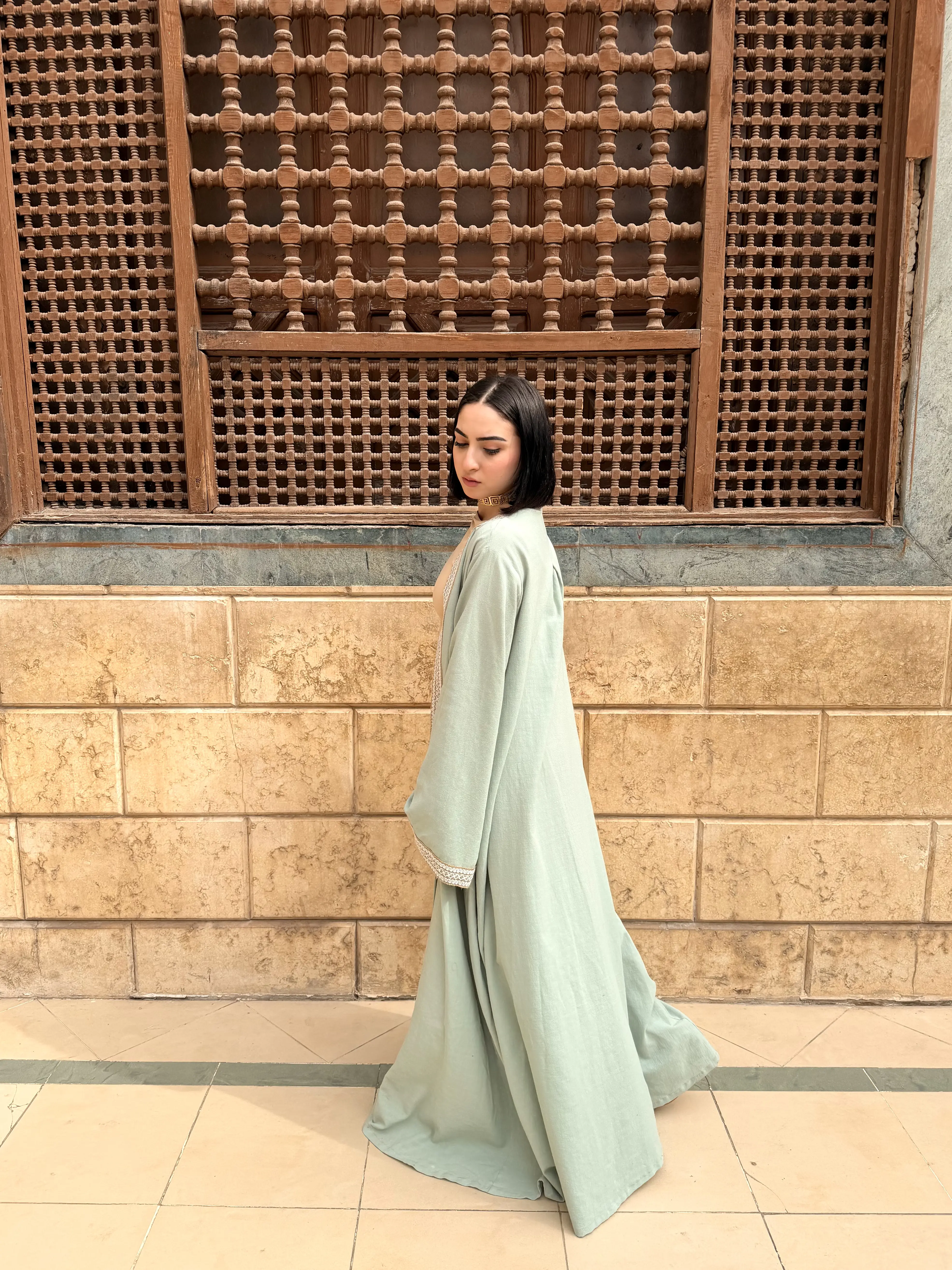 Mint Embroidered Open Abaya Kimono – Ramadan - Image 5