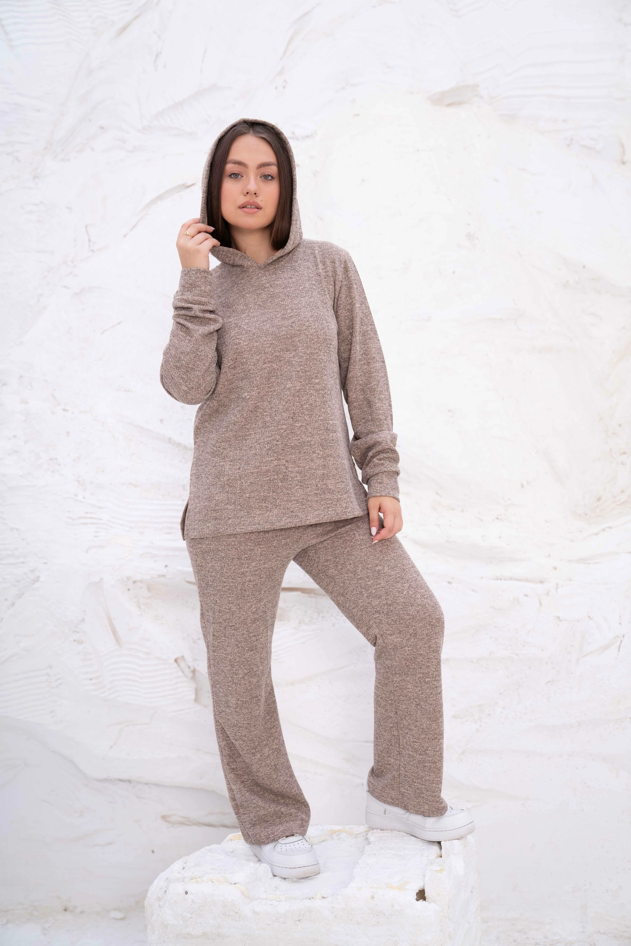 Mocha Brown Rib Hooded Lounge Set - Image 3