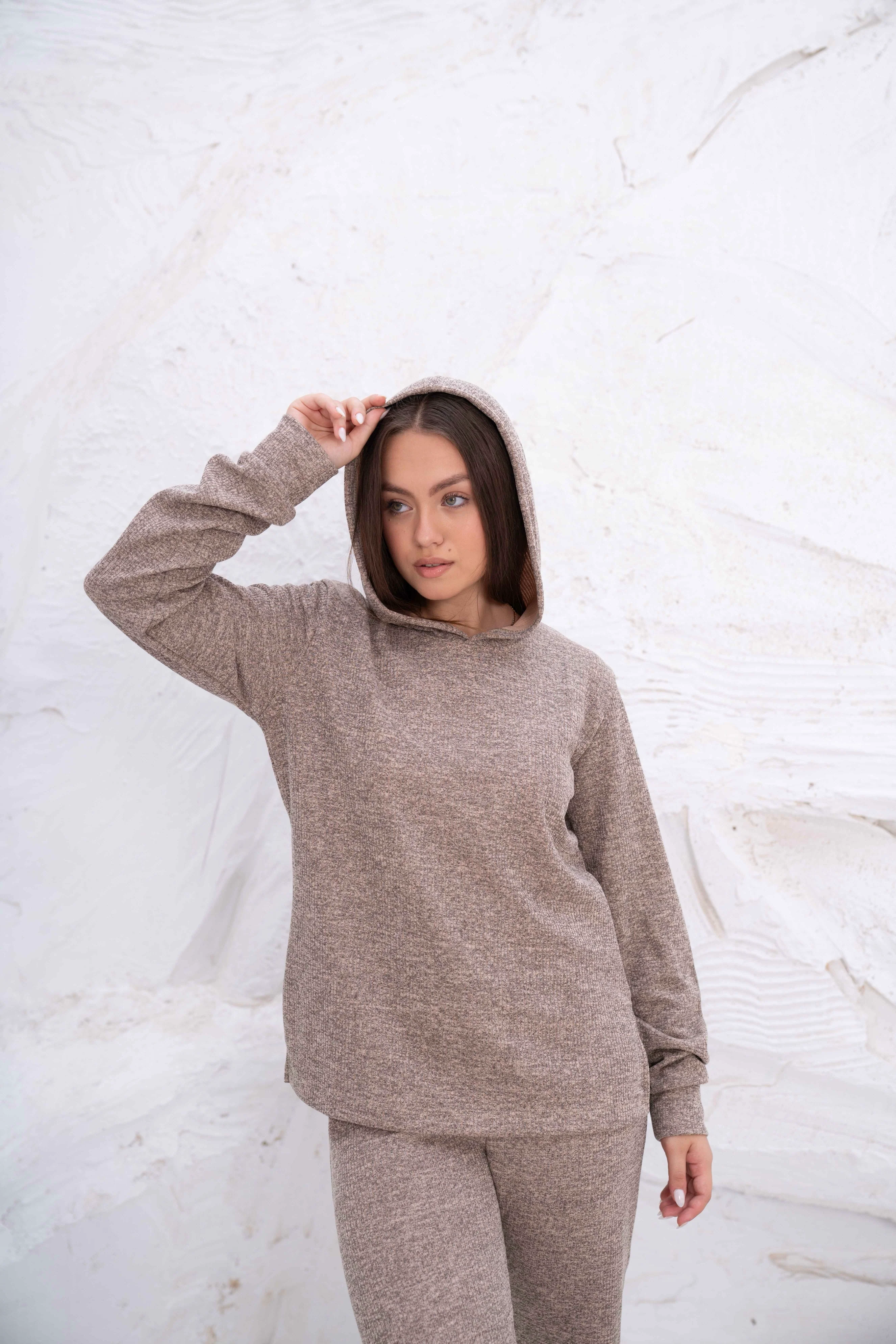 Mocha Brown Rib Hooded Lounge Set - Image 4