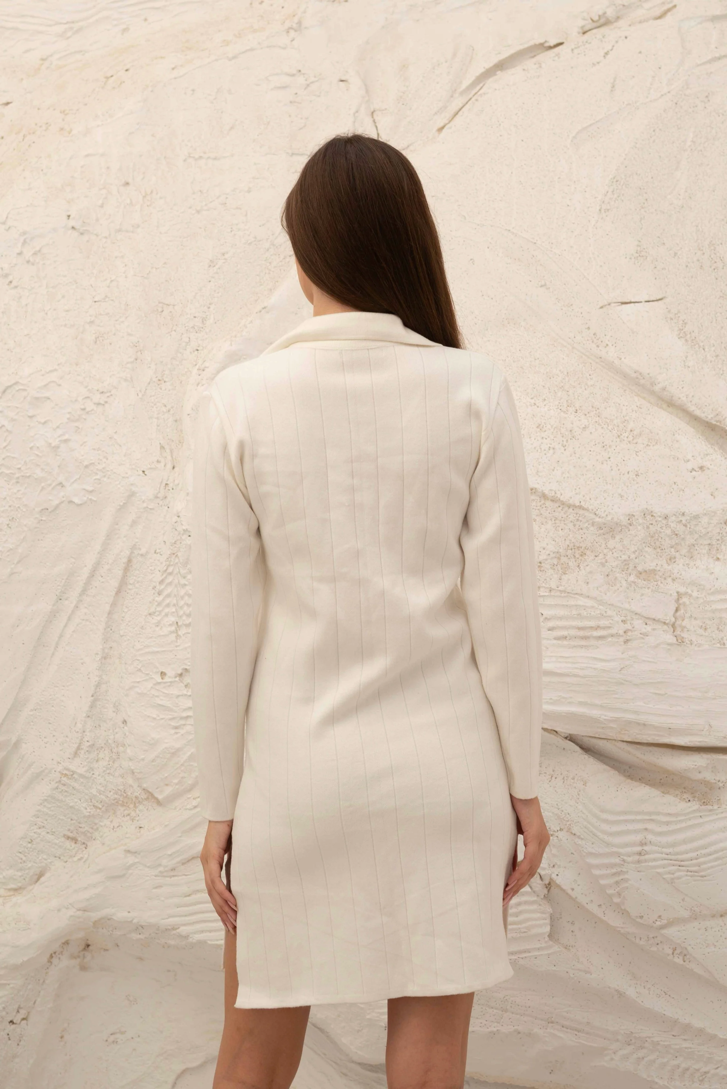 Offwhite Ribbed Knit Gumus Dress with Side Slits - Image 4