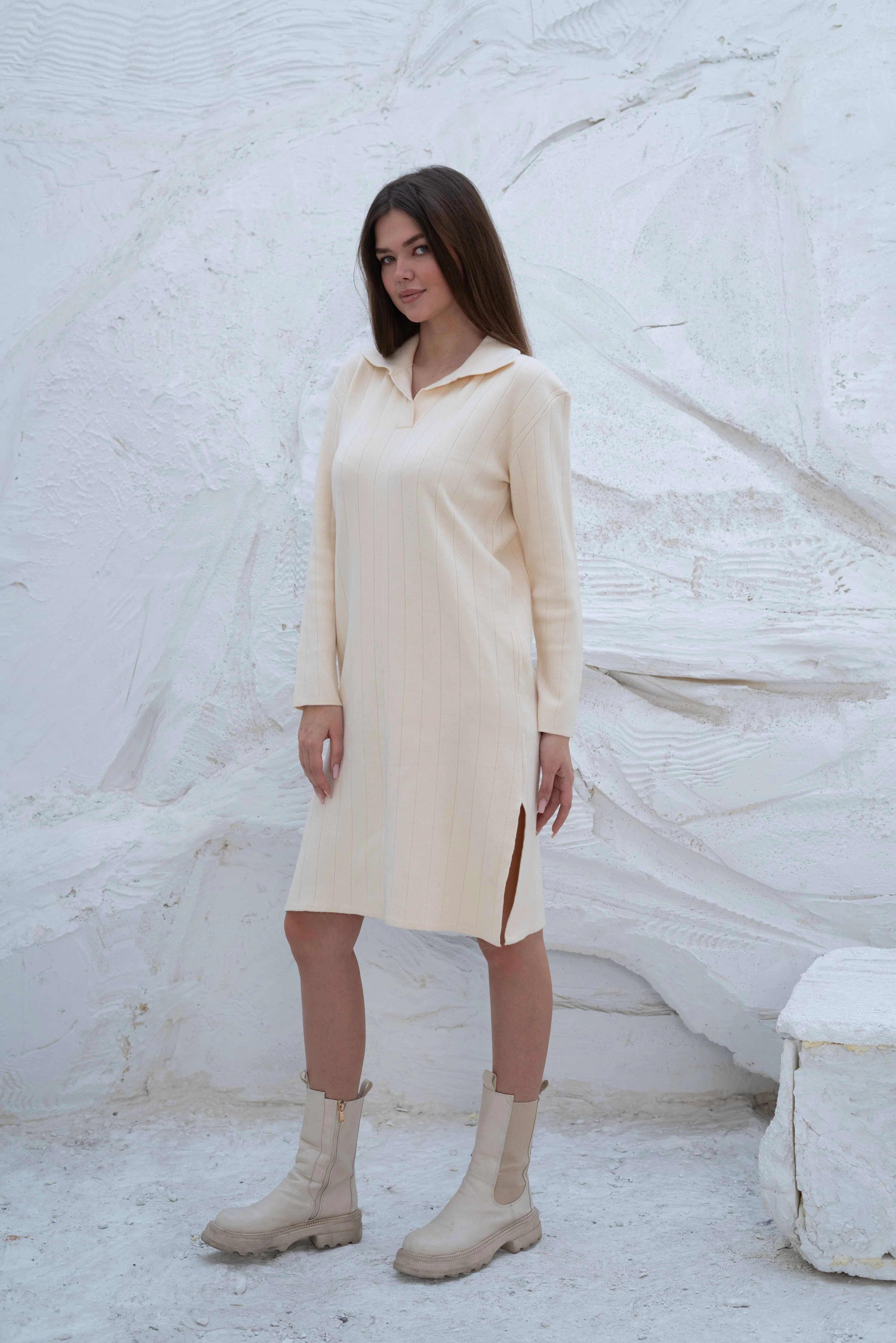 Creamy Ribbed Knit Gumus Dress with Side Slits - Image 3