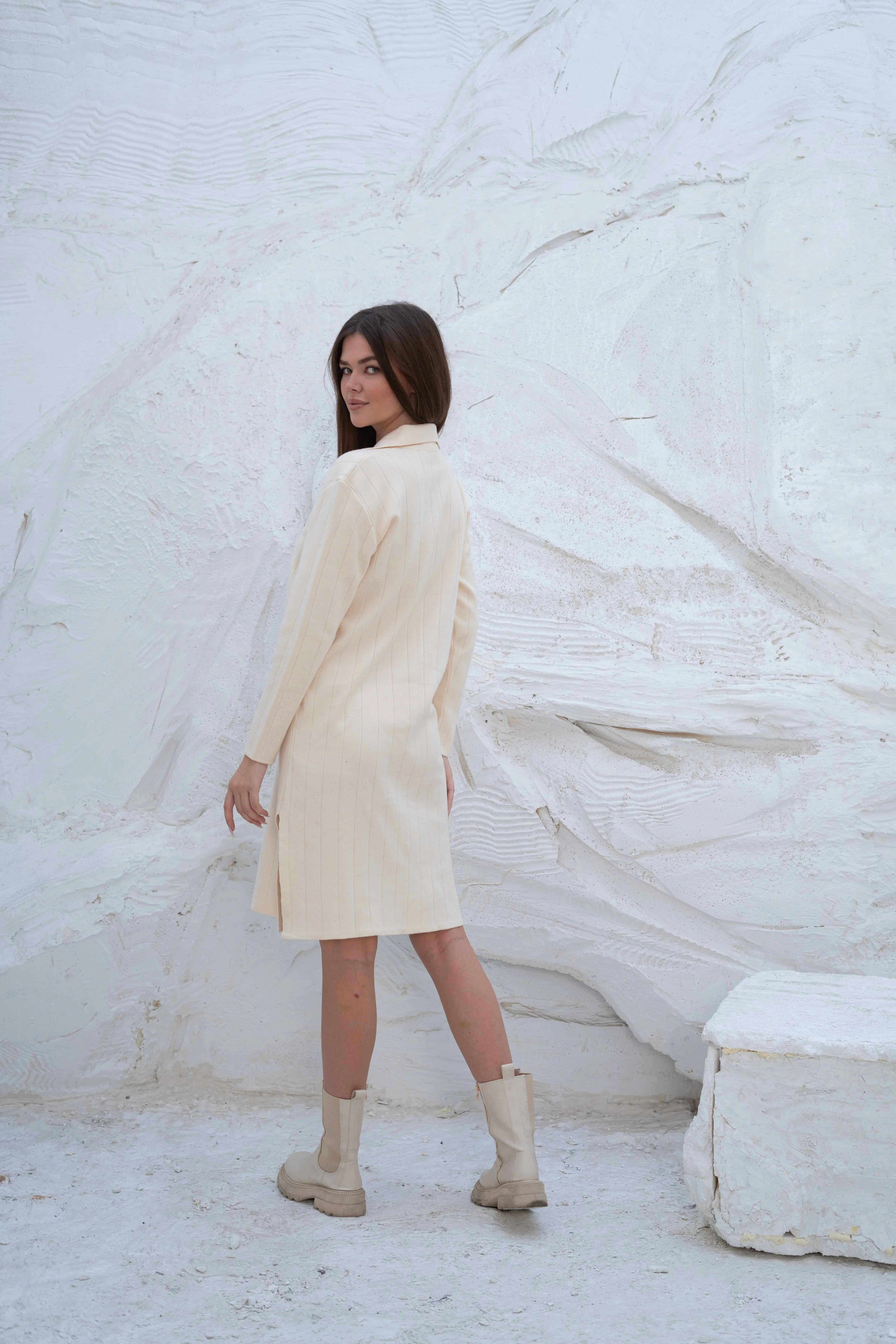 Creamy Ribbed Knit Gumus Dress with Side Slits - Image 4