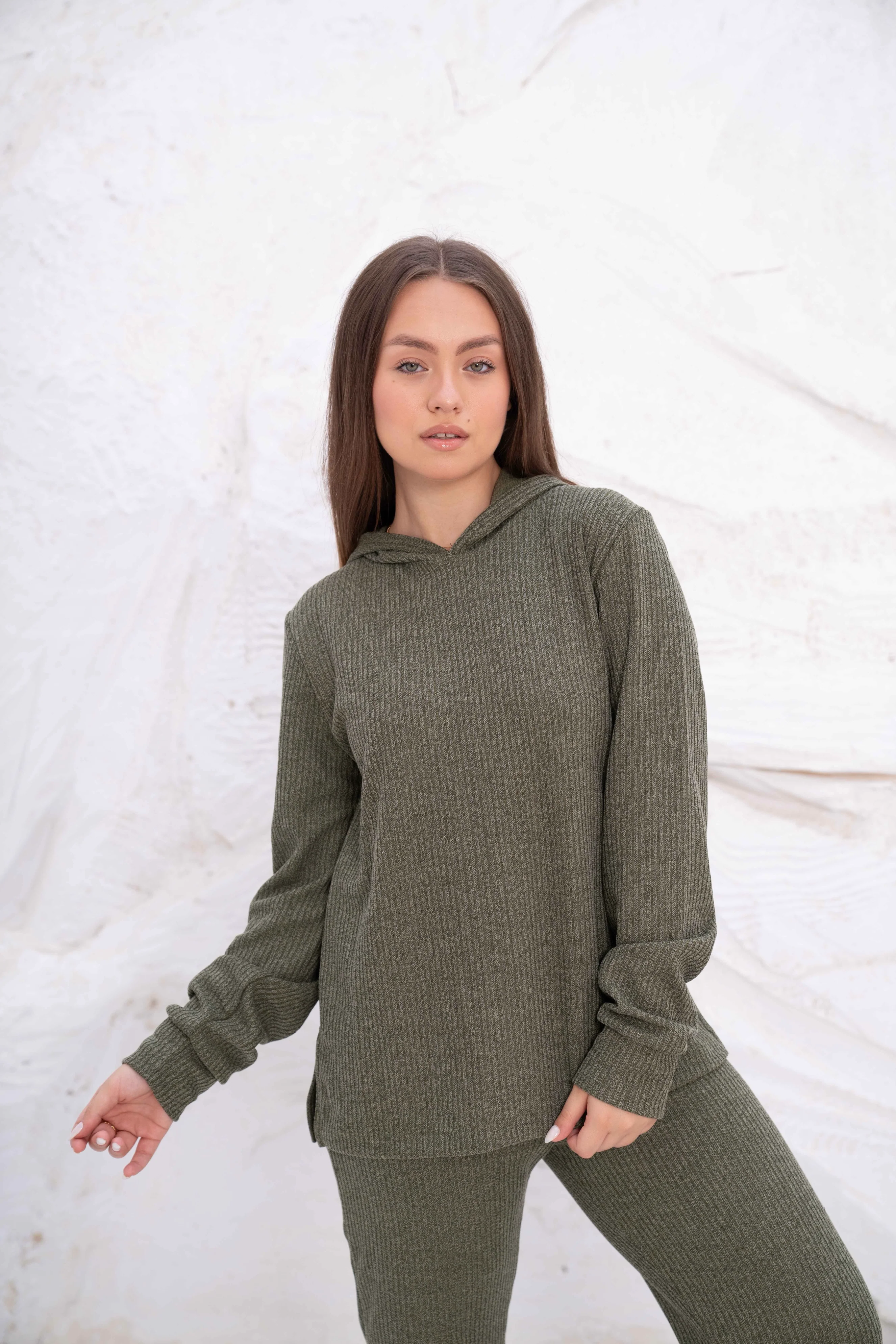 Olive Green Rib Hooded Lounge Set - Image 3