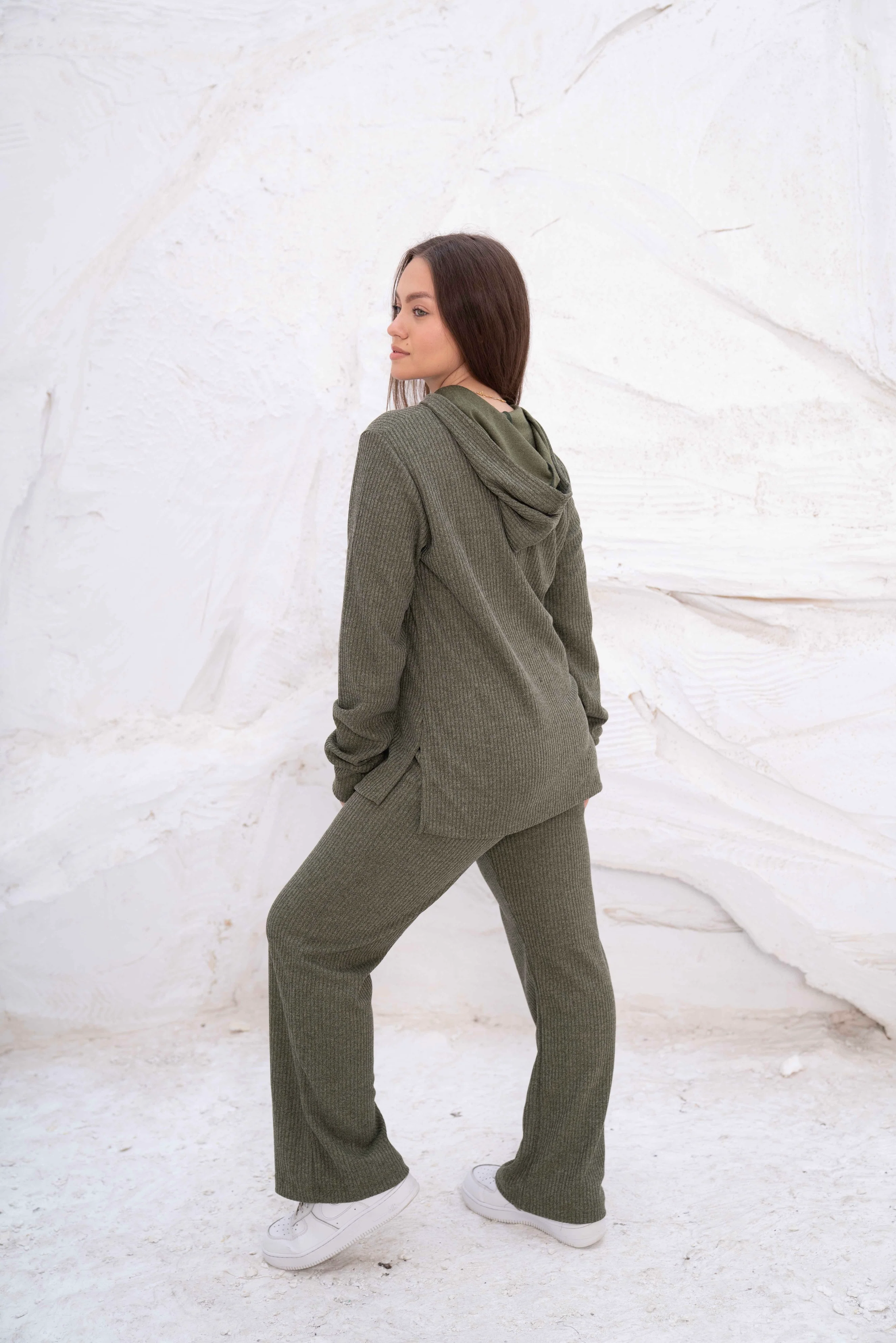 Olive Green Rib Hooded Lounge Set - Image 4