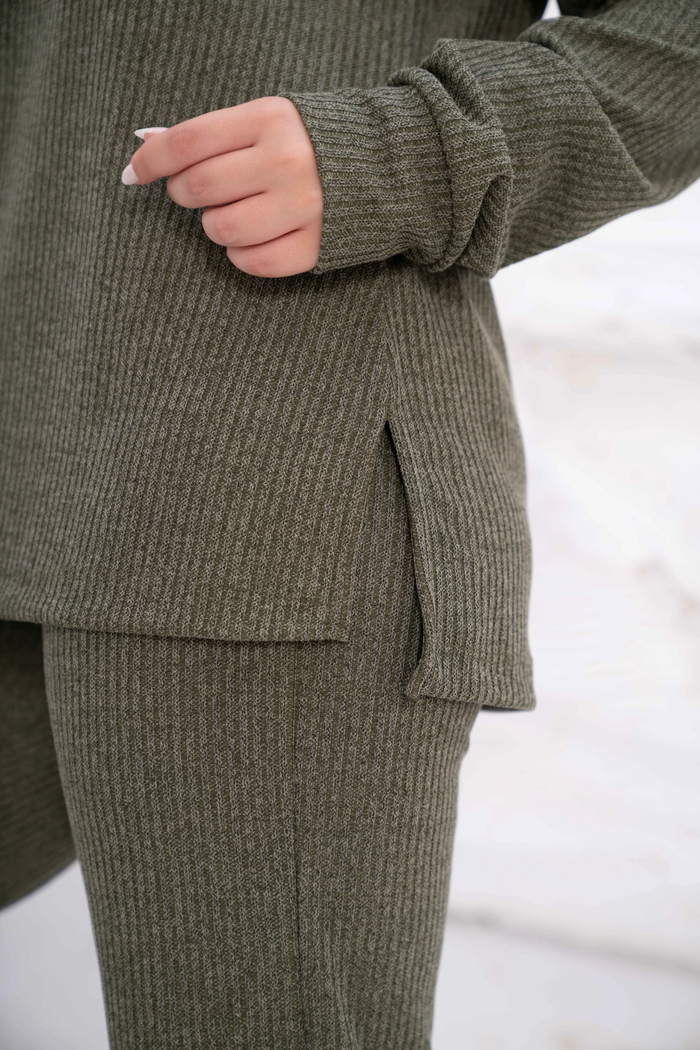 Olive Green Rib Hooded Lounge Set - Image 5