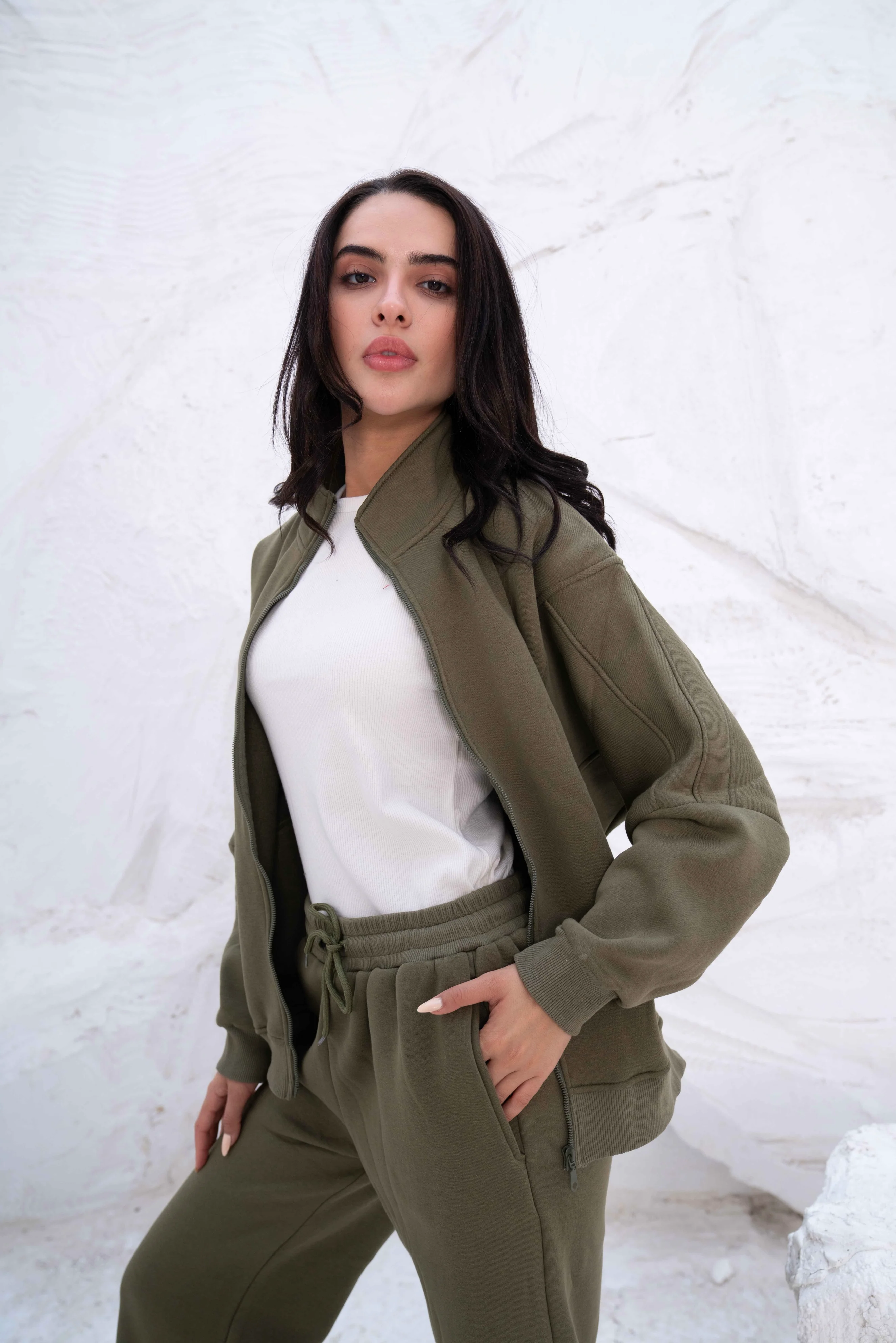 Olive Green Relaxed Fit Tracksuit with High Collar - Image 3