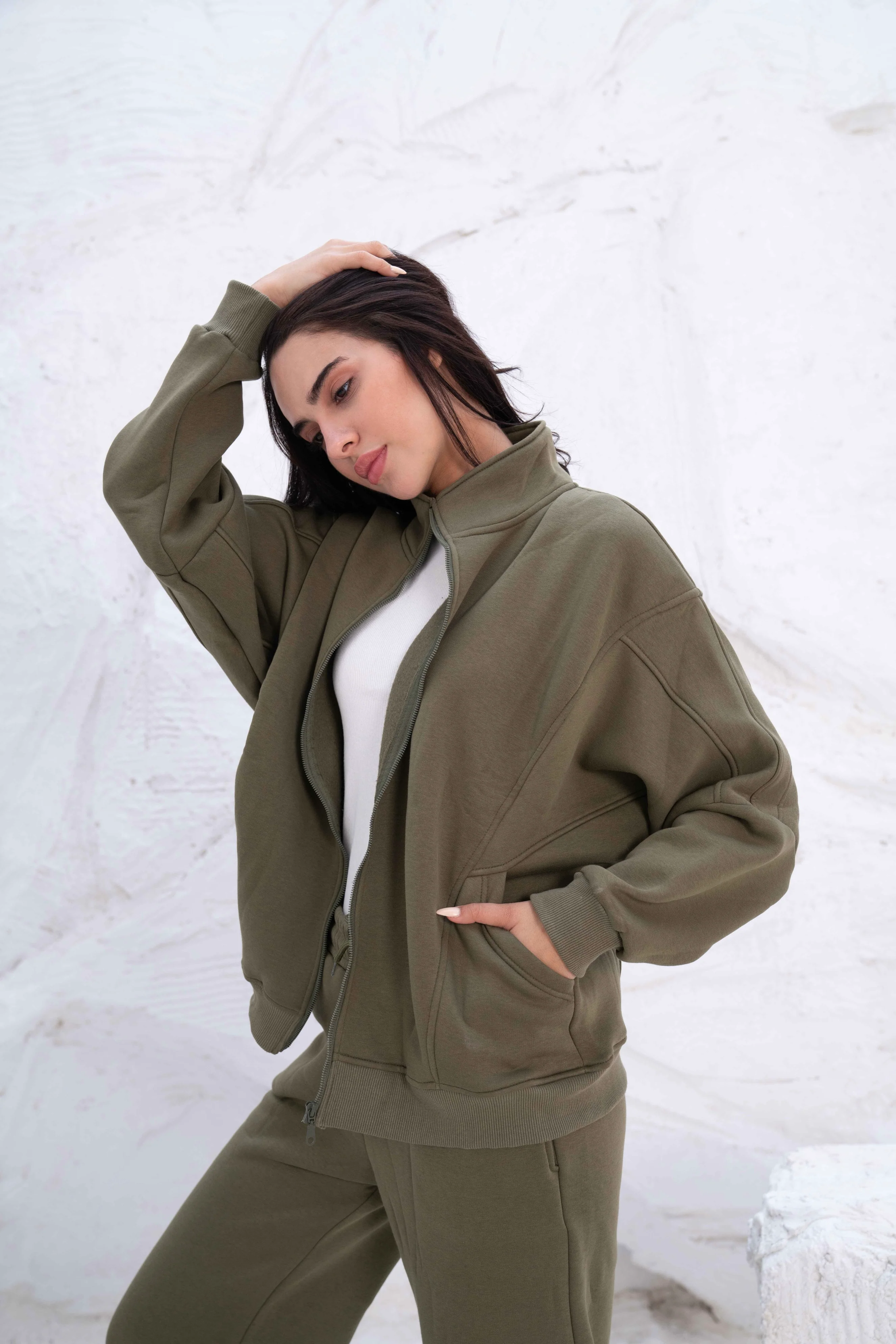 Olive Green Relaxed Fit Tracksuit with High Collar - Image 4