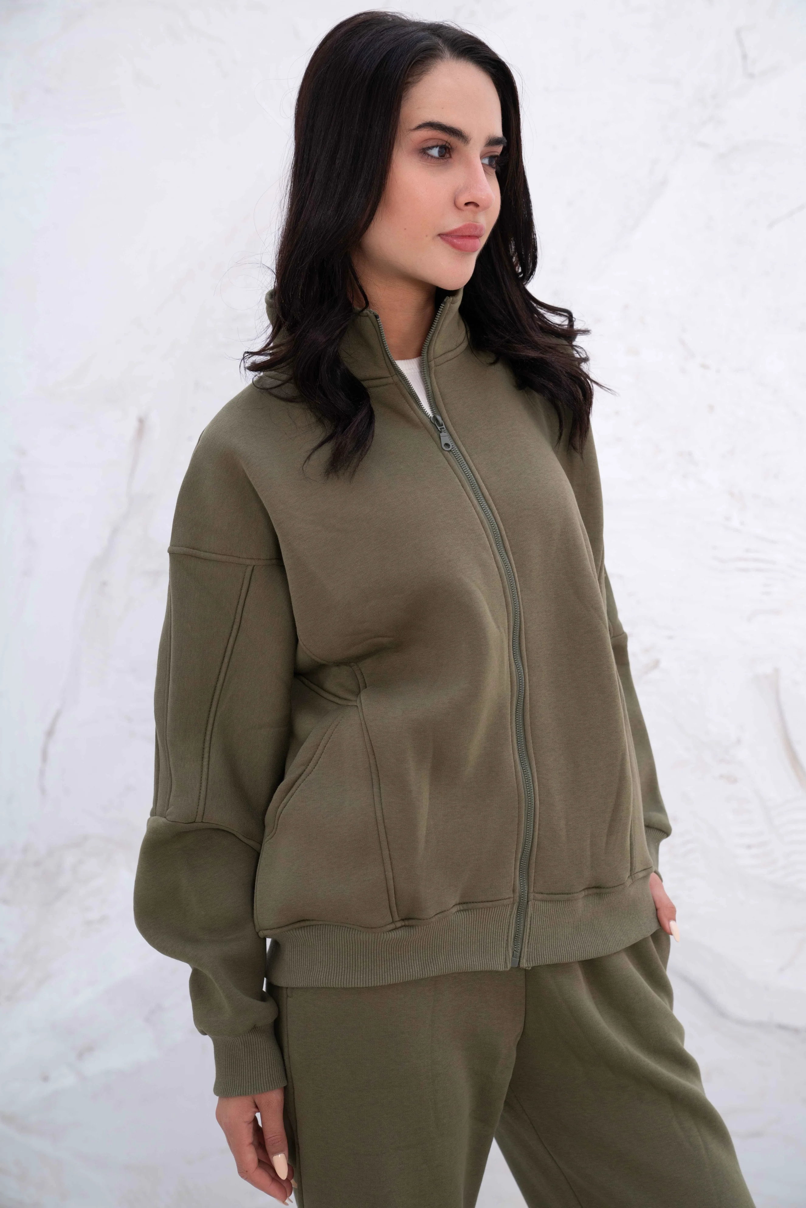 Olive Green Relaxed Fit Tracksuit with High Collar - Image 6