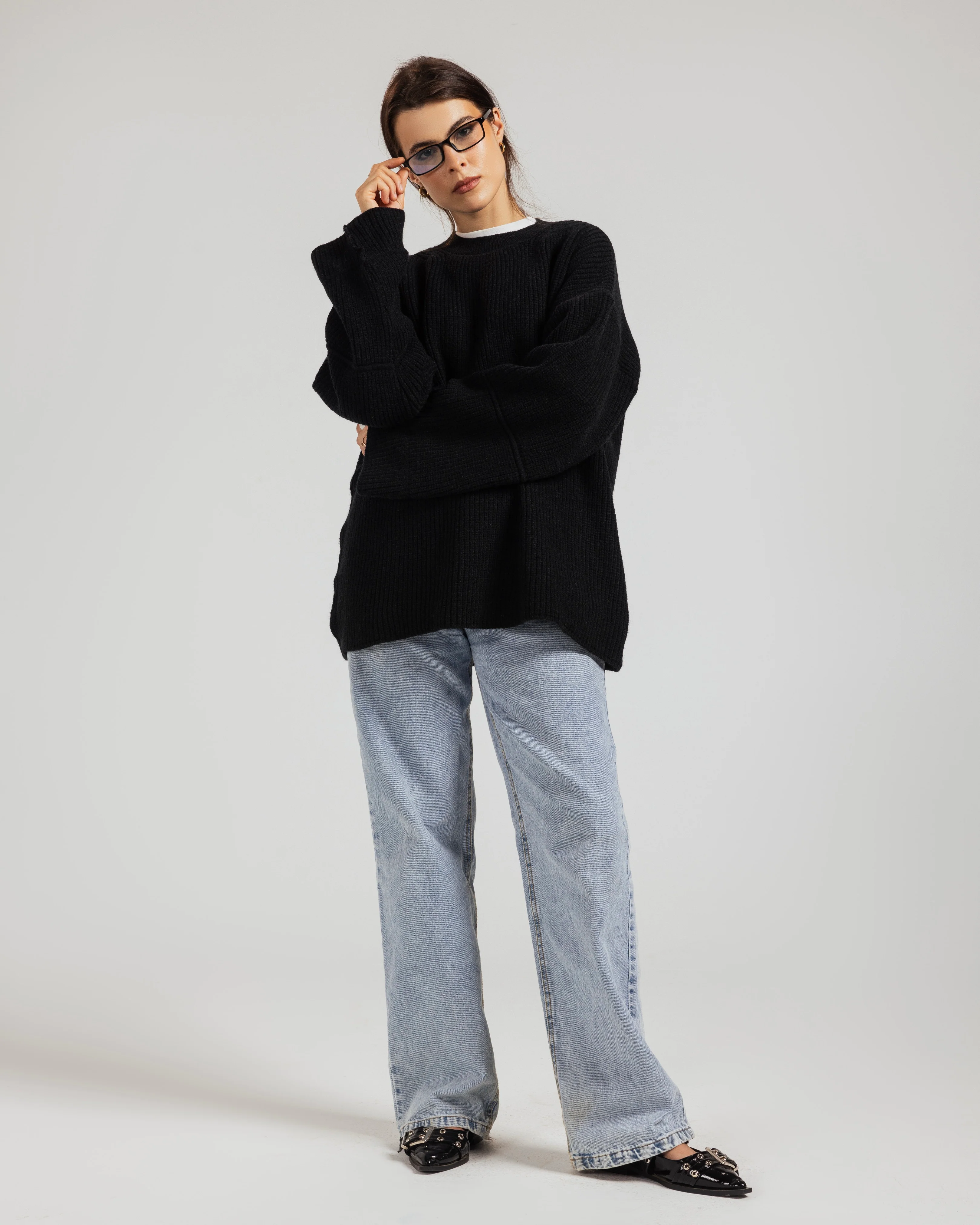 Oversized Ribbed Knit Crew Neck Sweater - Image 7