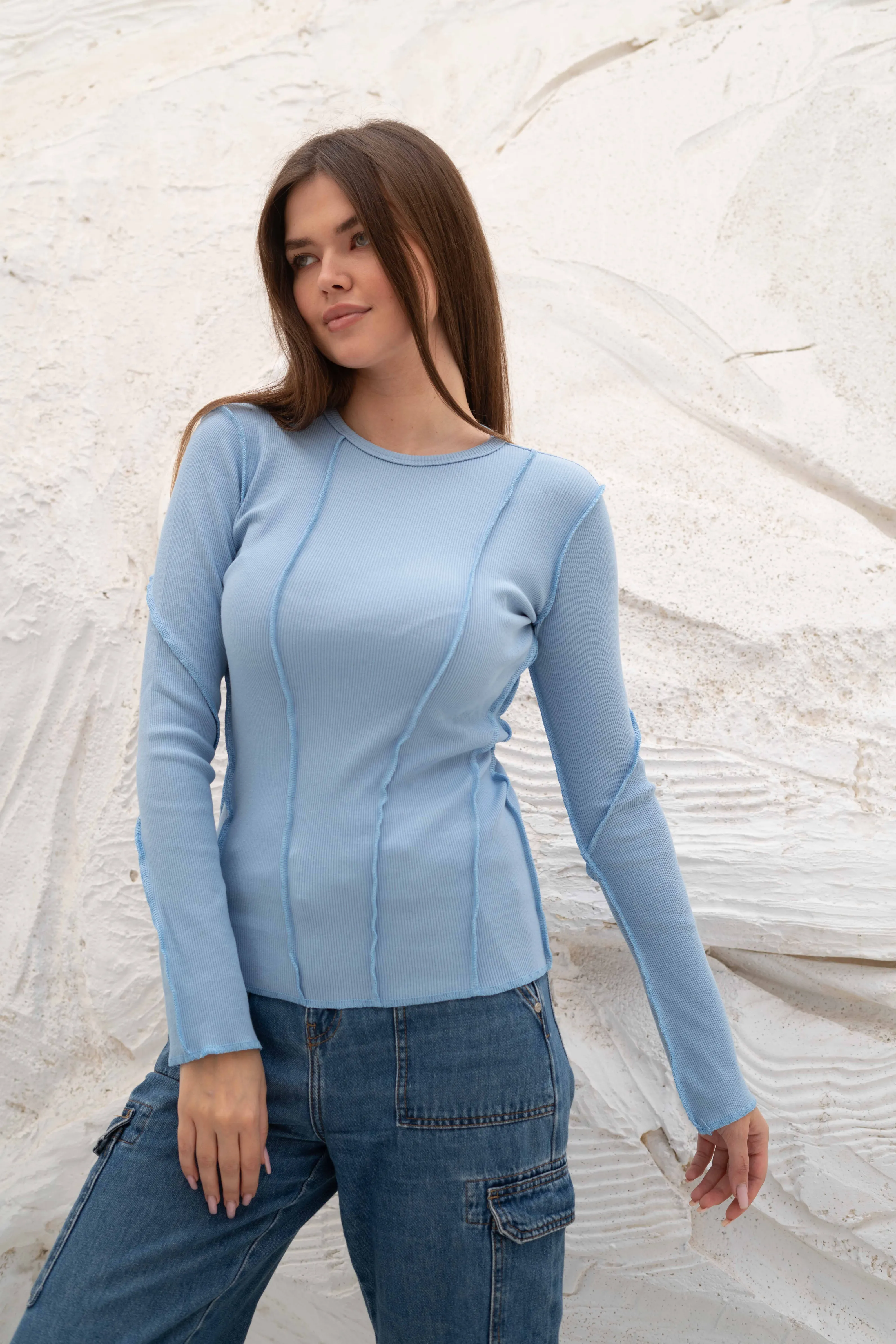 Elegant SlimFit Ribbed Seamline Long Sleeve Top - Image 26