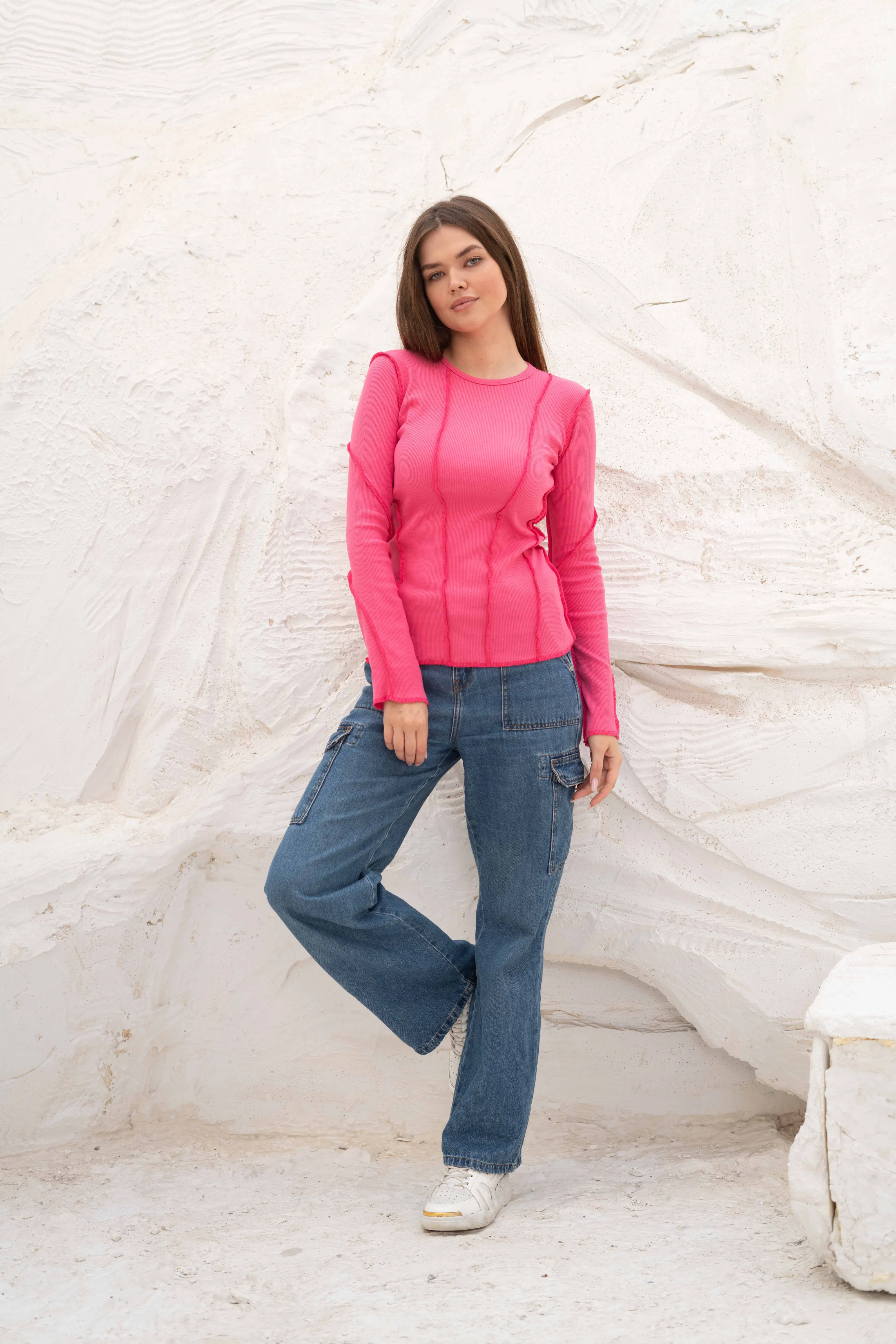 Elegant SlimFit Ribbed Seamline Long Sleeve Top - Image 31
