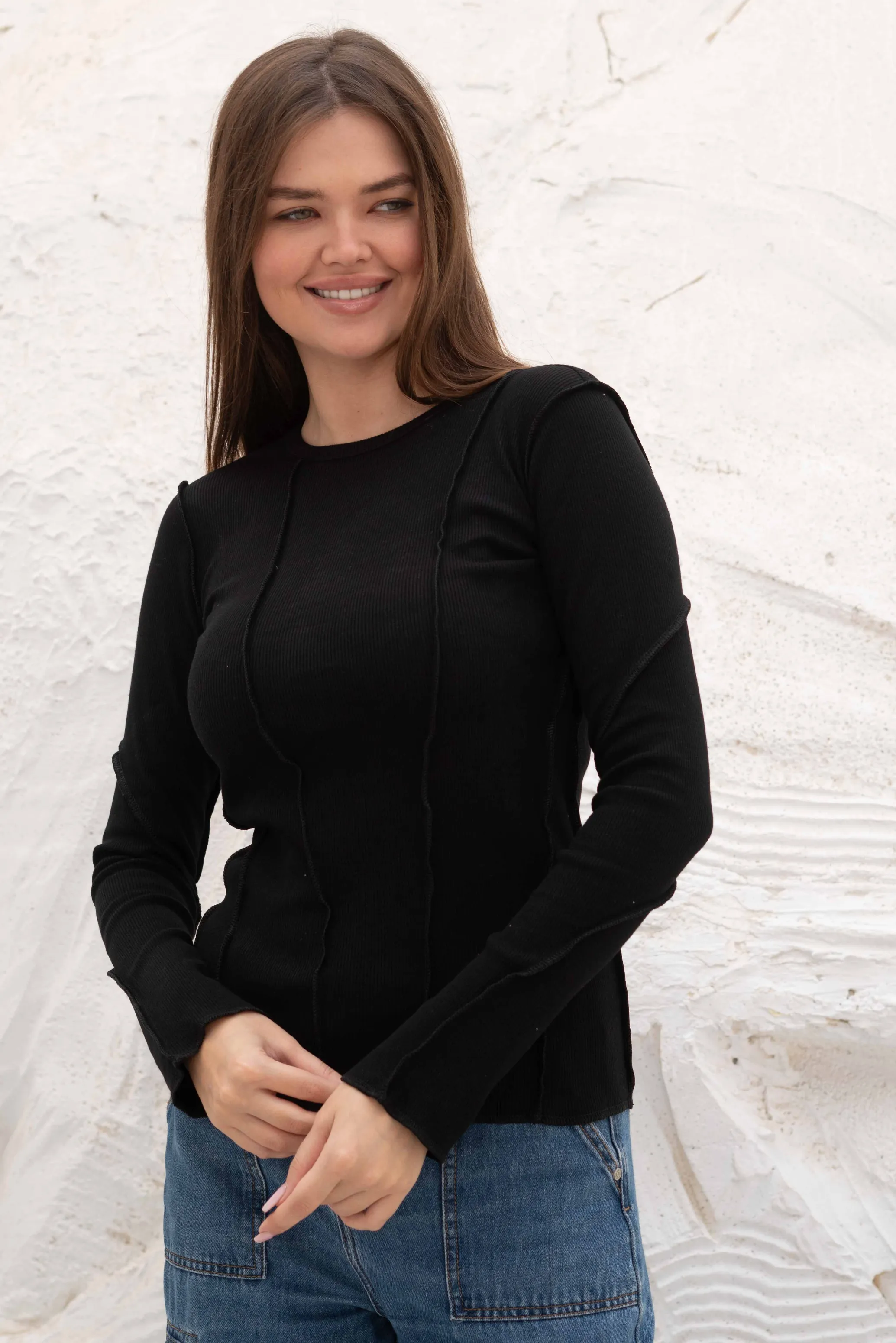 Elegant SlimFit Ribbed Seamline Long Sleeve Top - Image 34