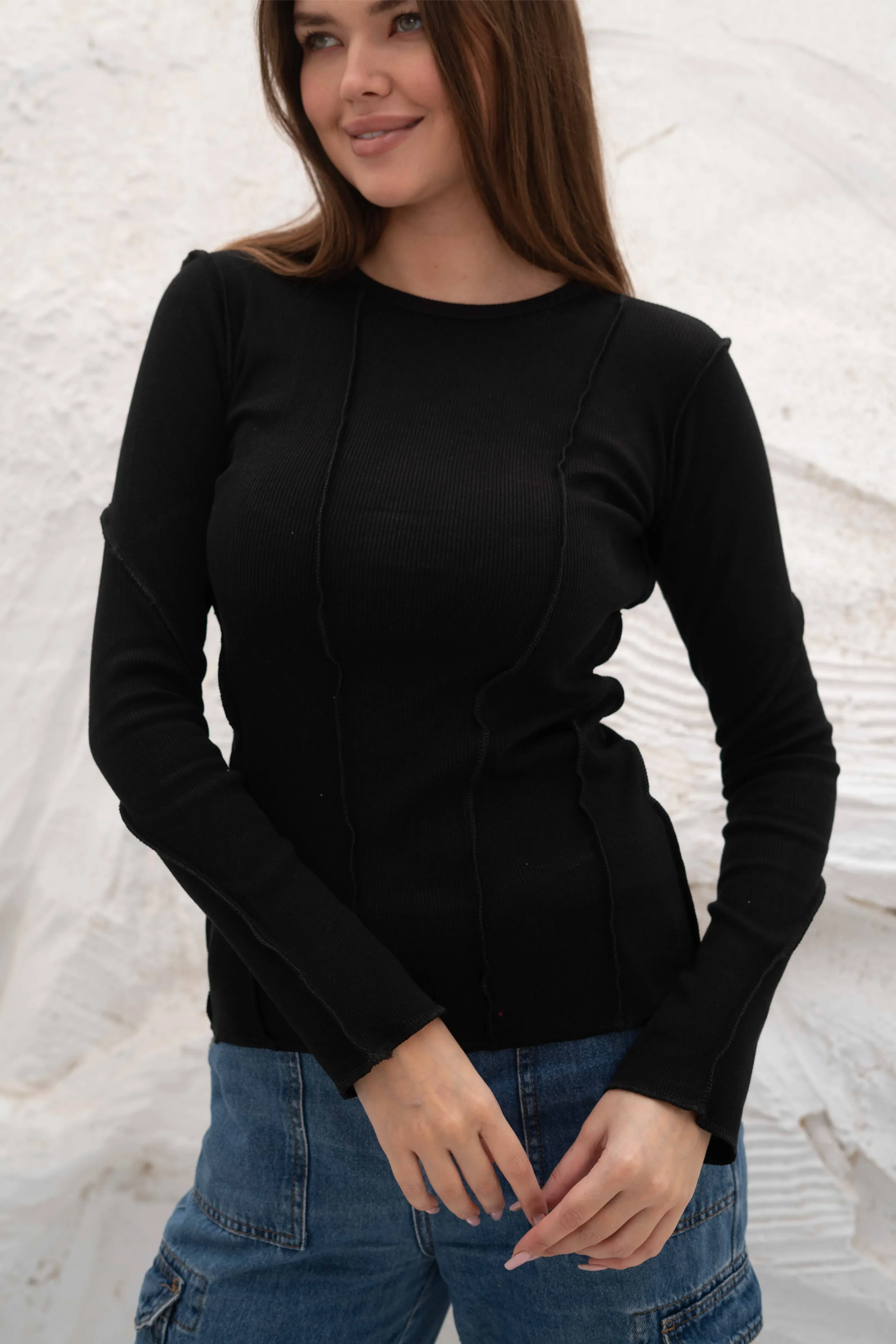 Elegant SlimFit Ribbed Seamline Long Sleeve Top - Image 35