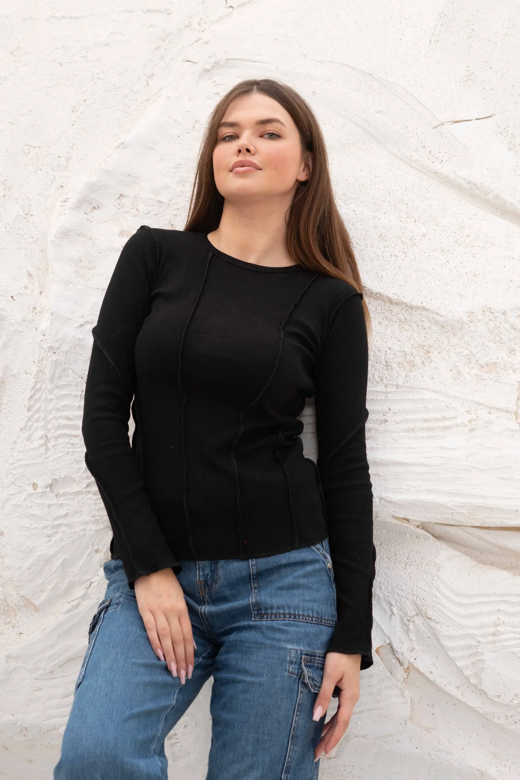 Elegant SlimFit Ribbed Seamline Long Sleeve Top - Image 36