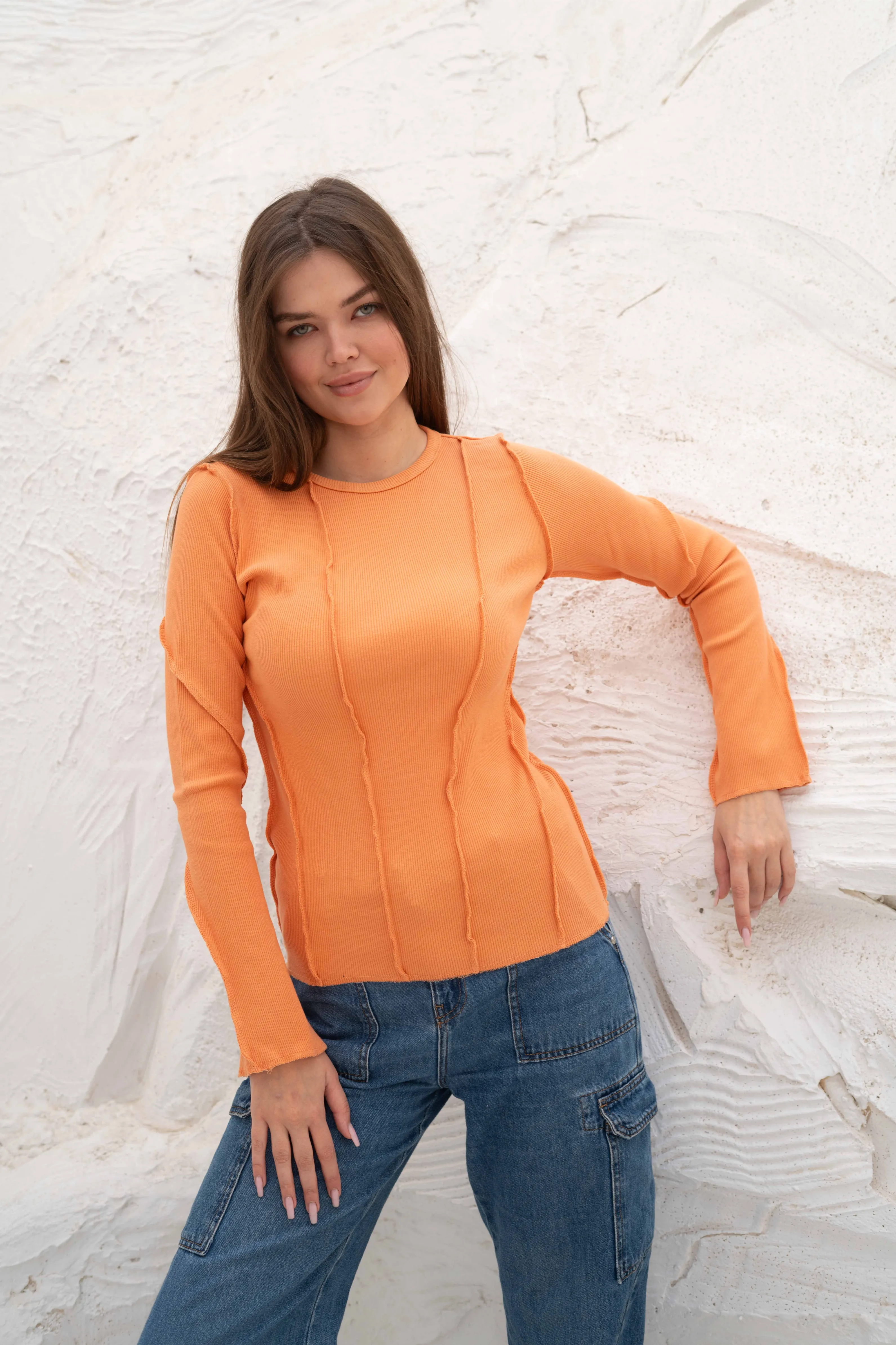 Elegant SlimFit Ribbed Seamline Long Sleeve Top - Image 45