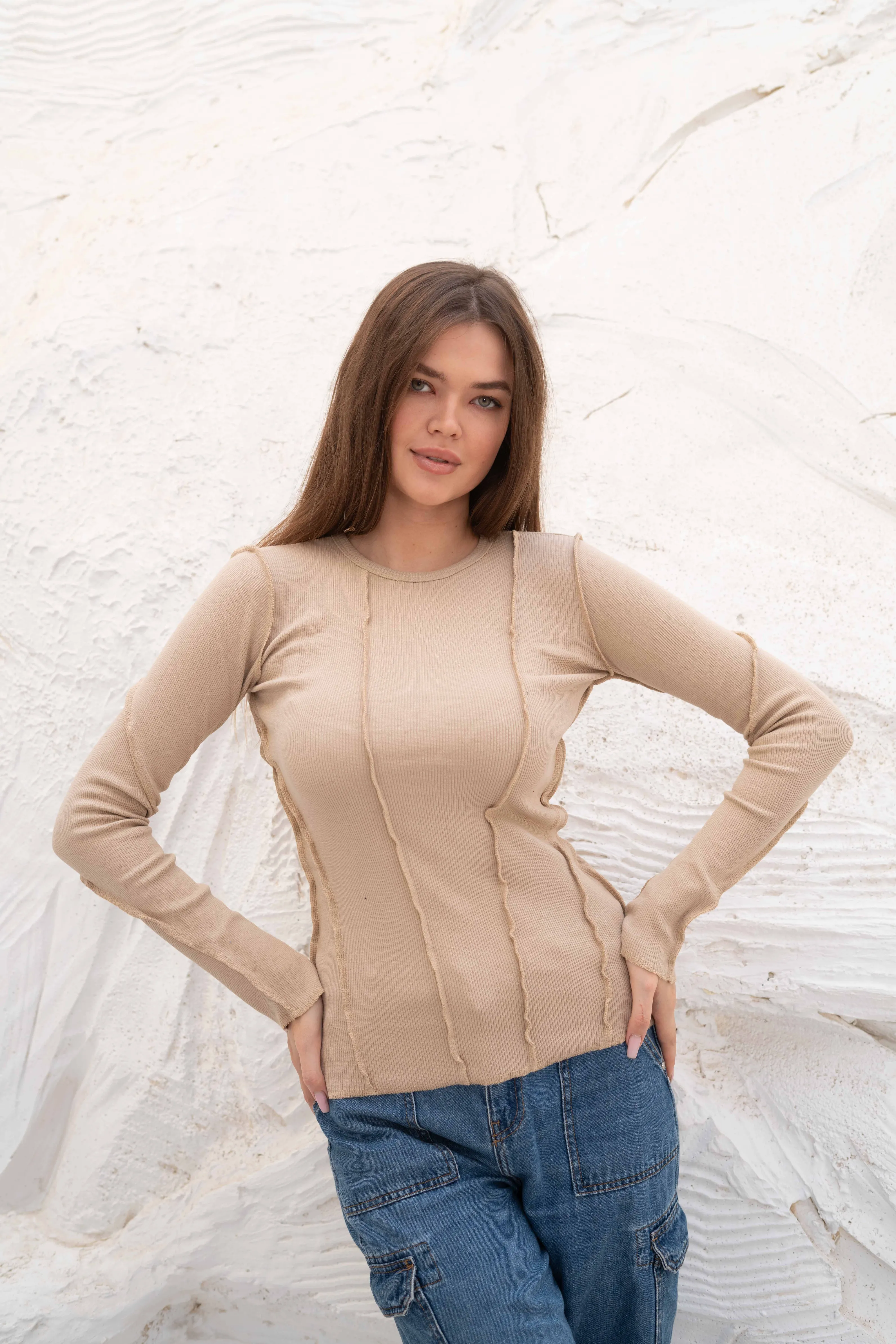 Elegant SlimFit Ribbed Seamline Long Sleeve Top - Image 5