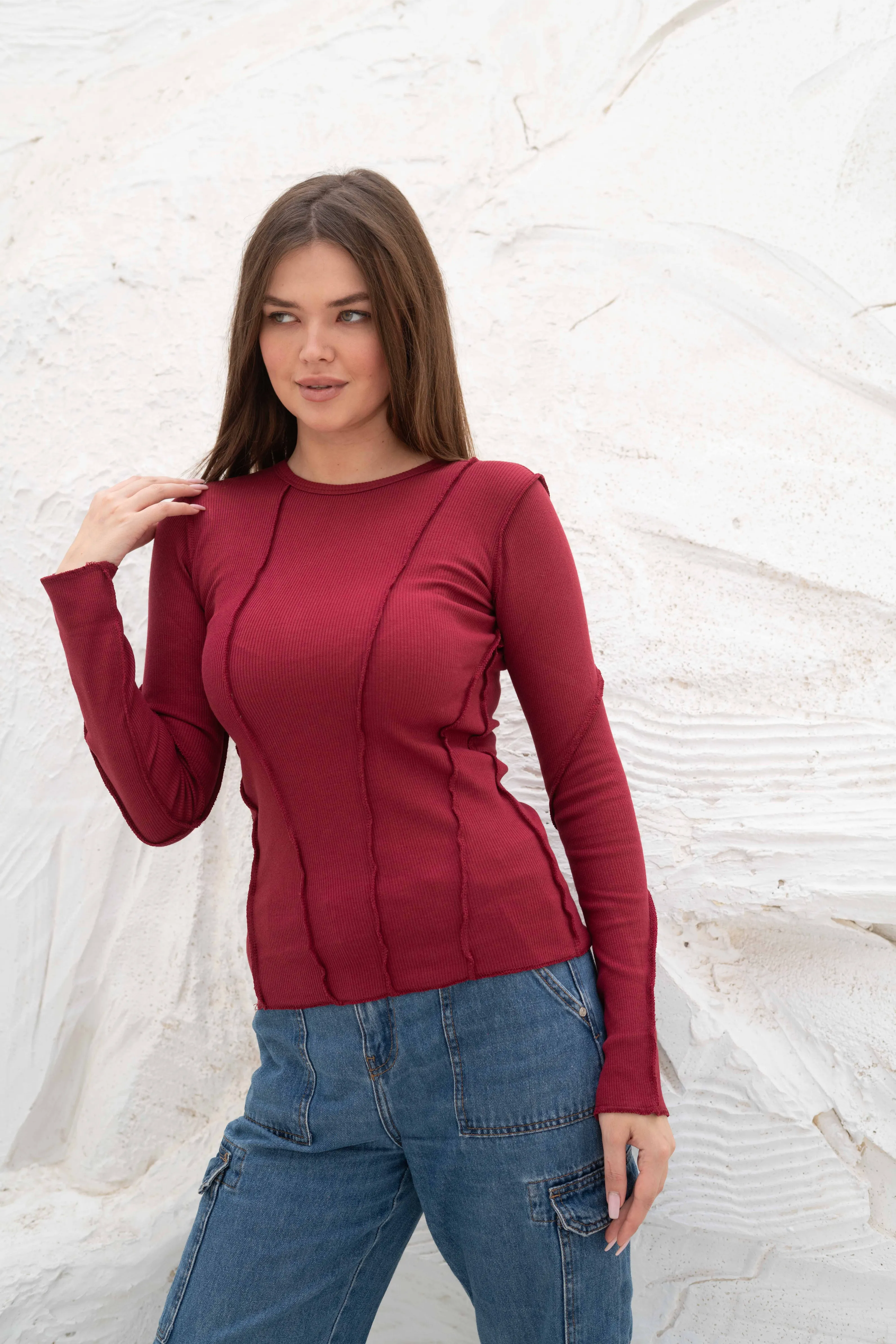 Elegant SlimFit Ribbed Seamline Long Sleeve Top - Image 51