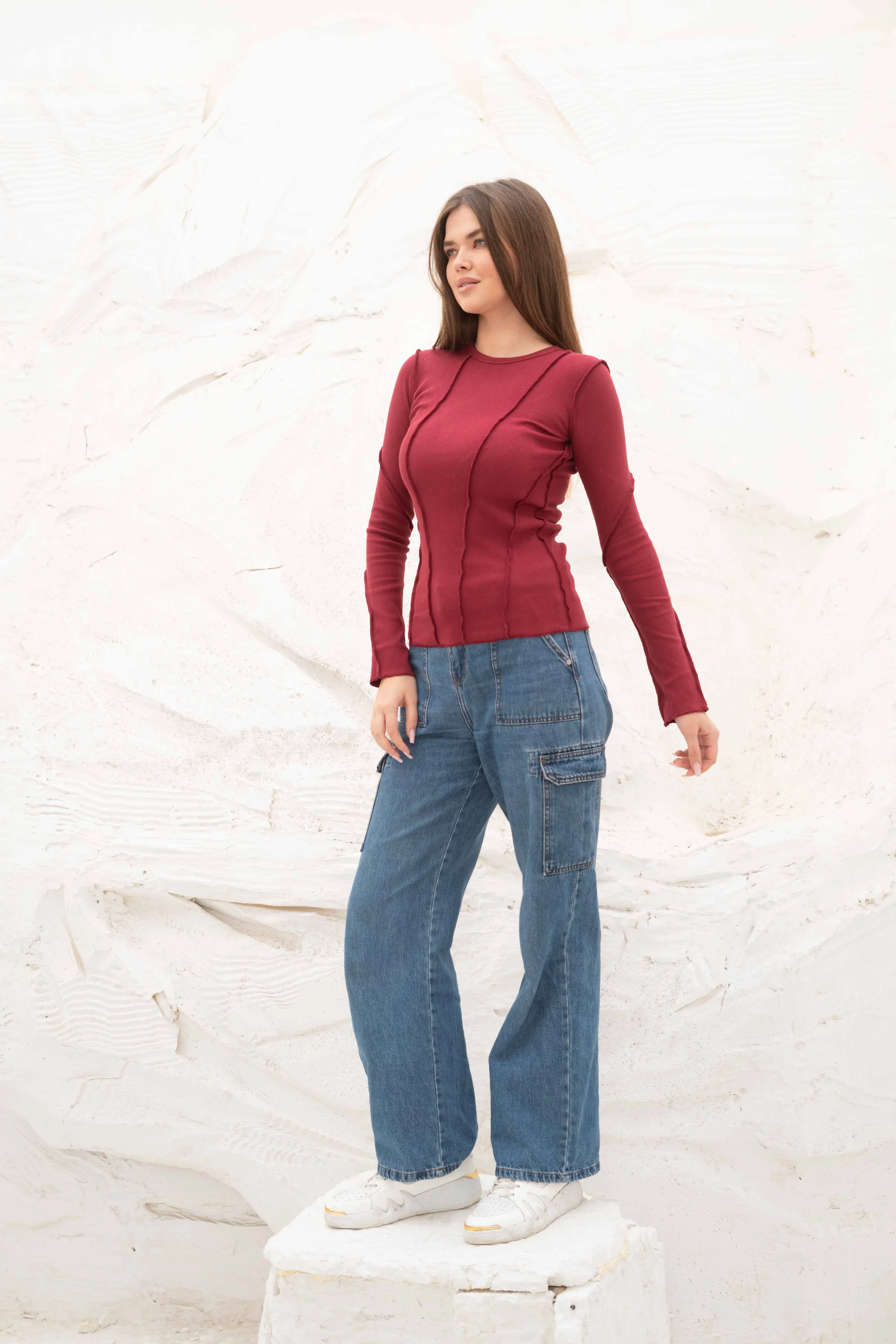 Elegant SlimFit Ribbed Seamline Long Sleeve Top - Image 53